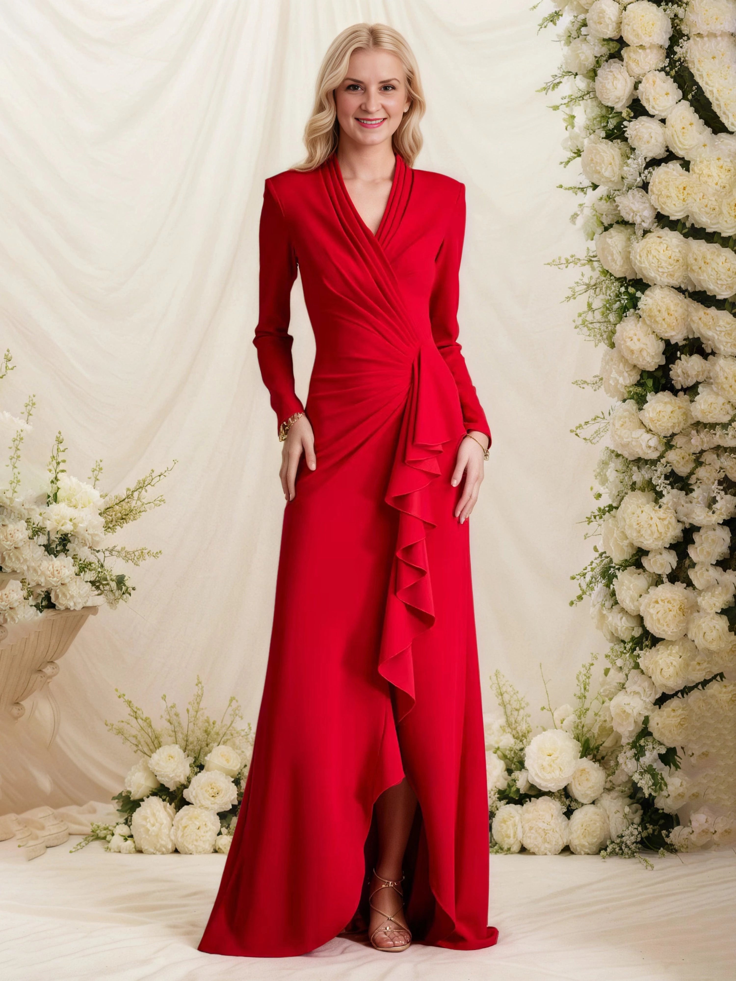 Stunning Sheath Surplice Neck Long Sleeve Zip Back Floor Length Mother of the Bride Dress