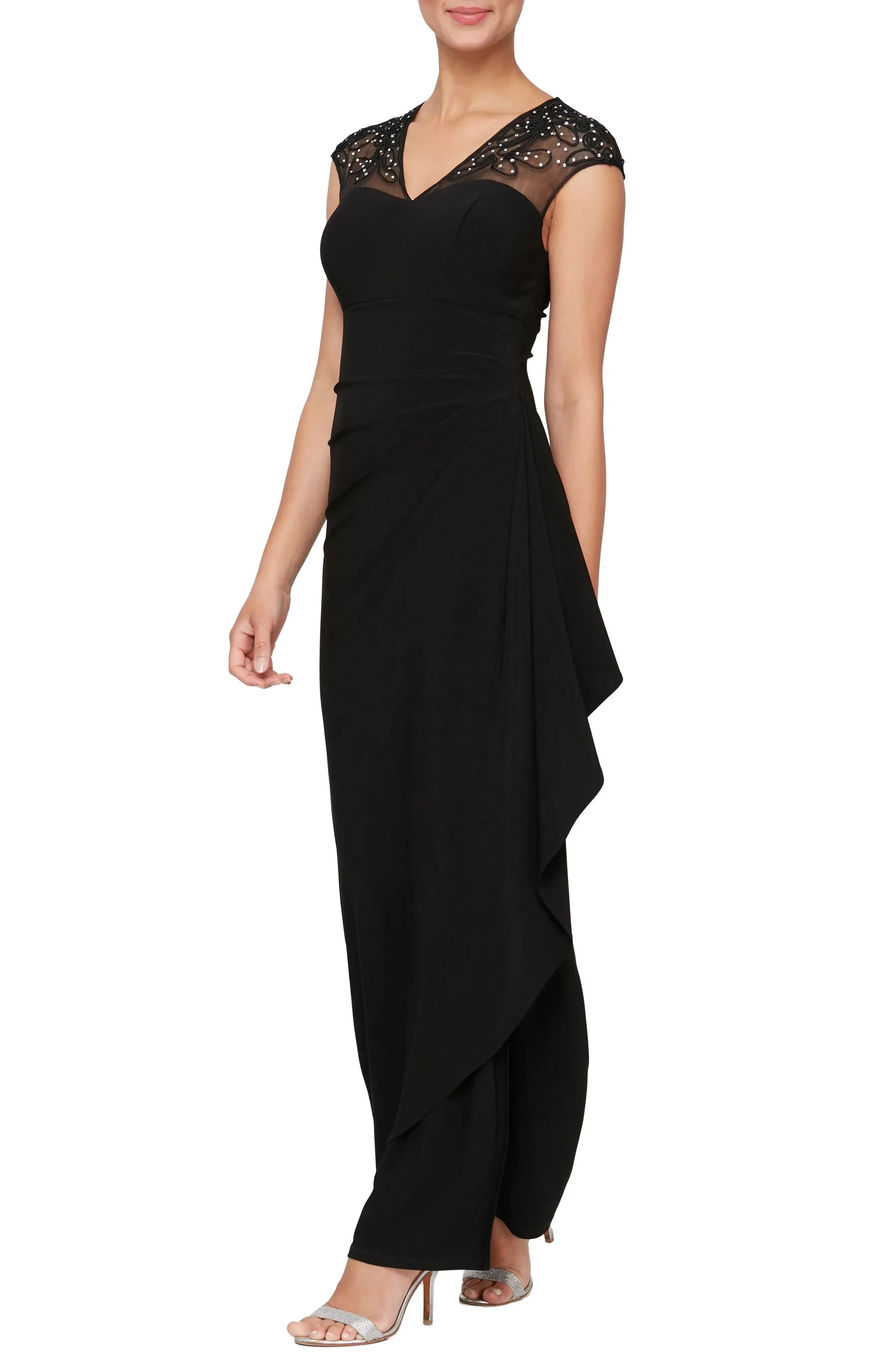 Stunning Sheath V Neck Cap Sleeve Embroidered Back Floor Length Evening Dress