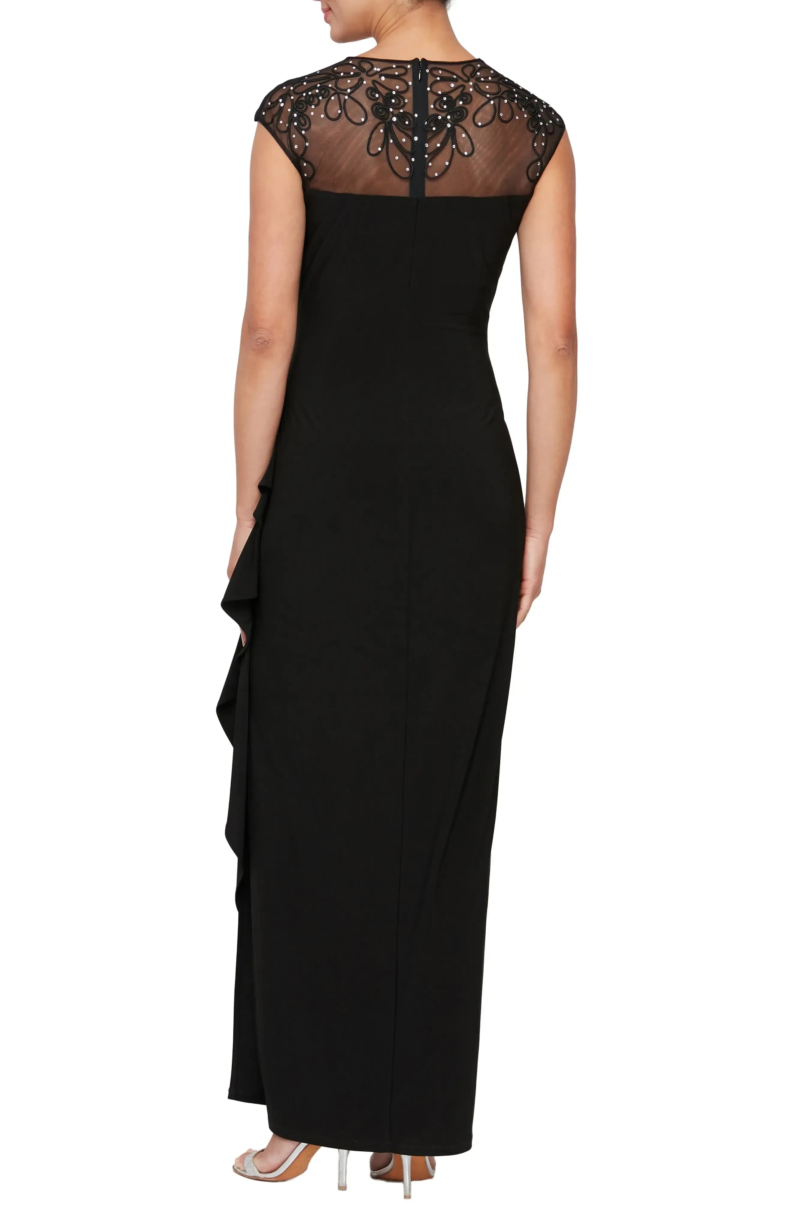 Stunning Sheath V Neck Cap Sleeve Embroidered Back Floor Length Evening Dress