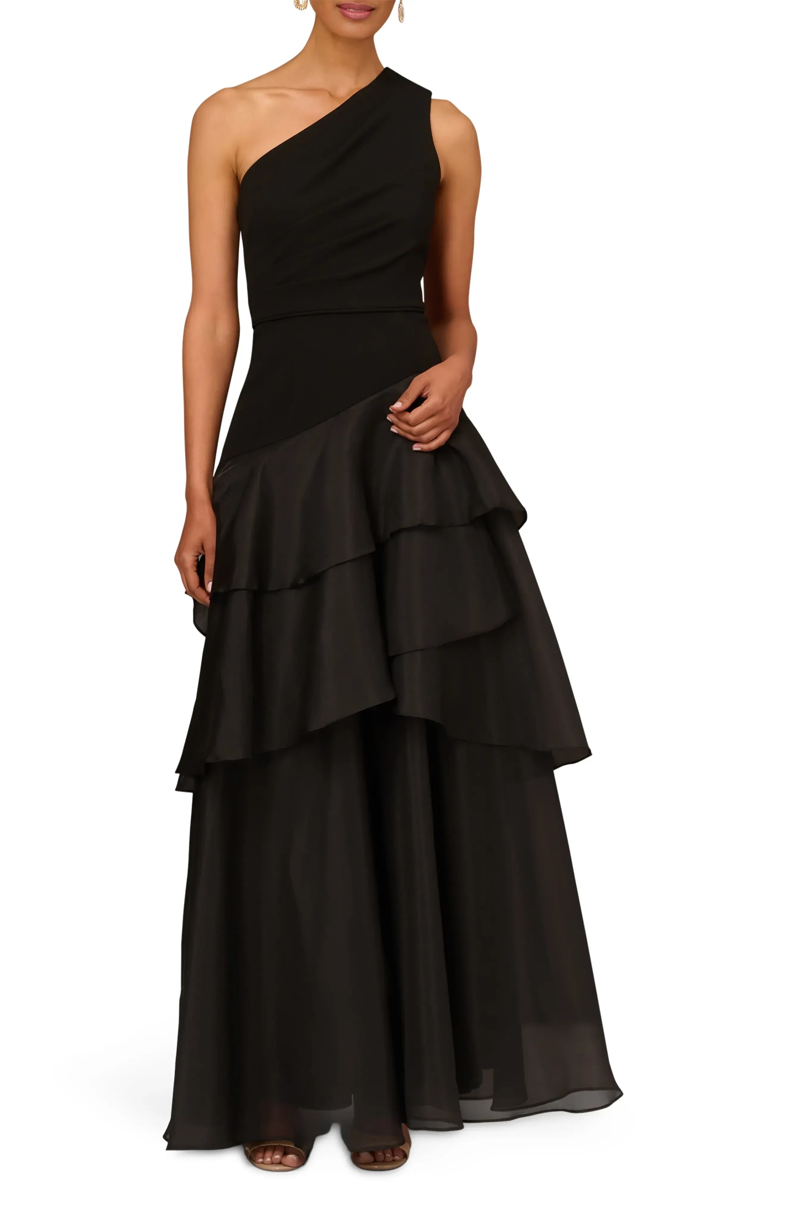 Stunning Tiered One Shoulder Sleeveless Solid Back Floor Length Evening Dress