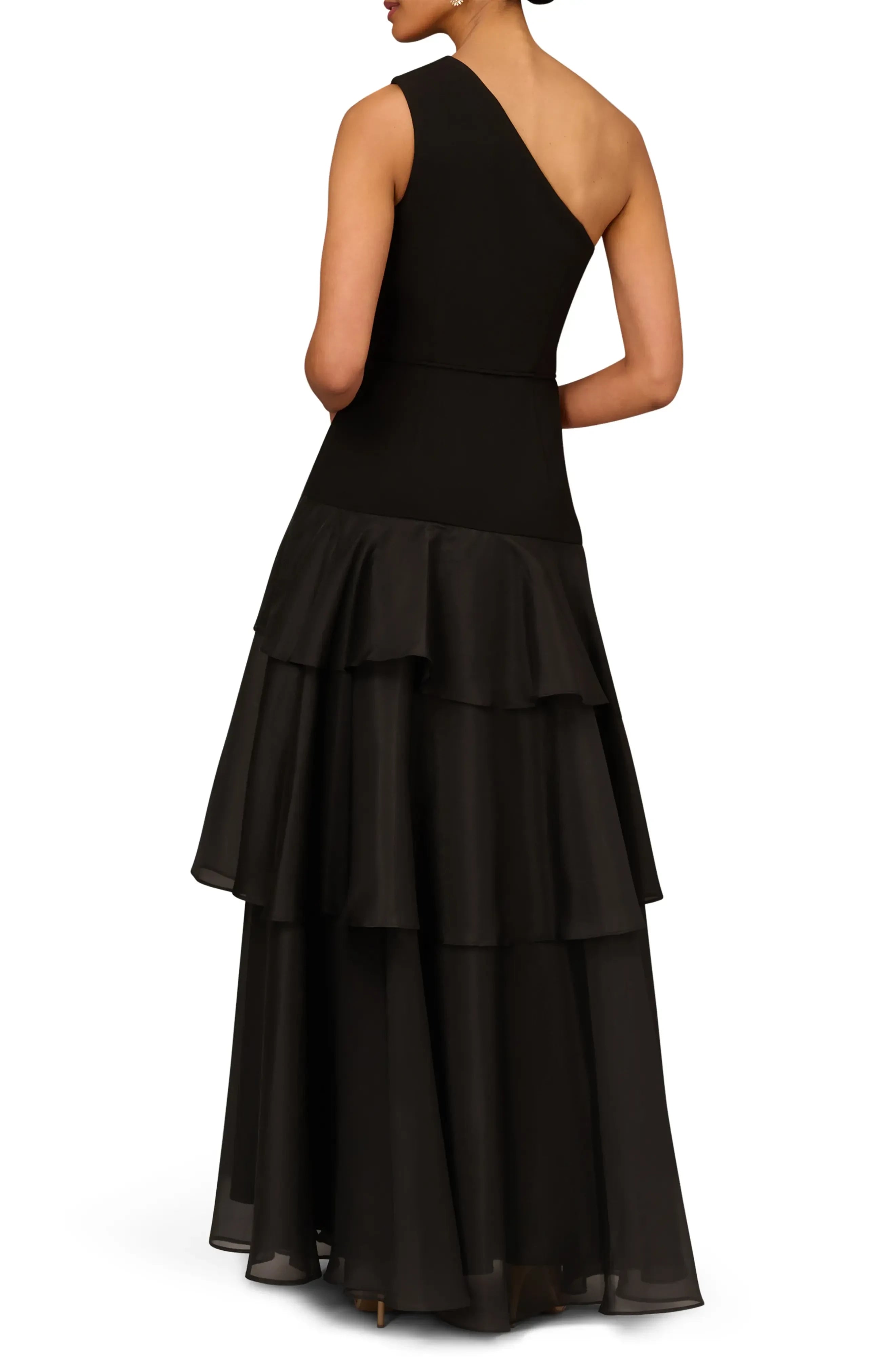 Stunning Tiered One Shoulder Sleeveless Solid Back Floor Length Evening Dress