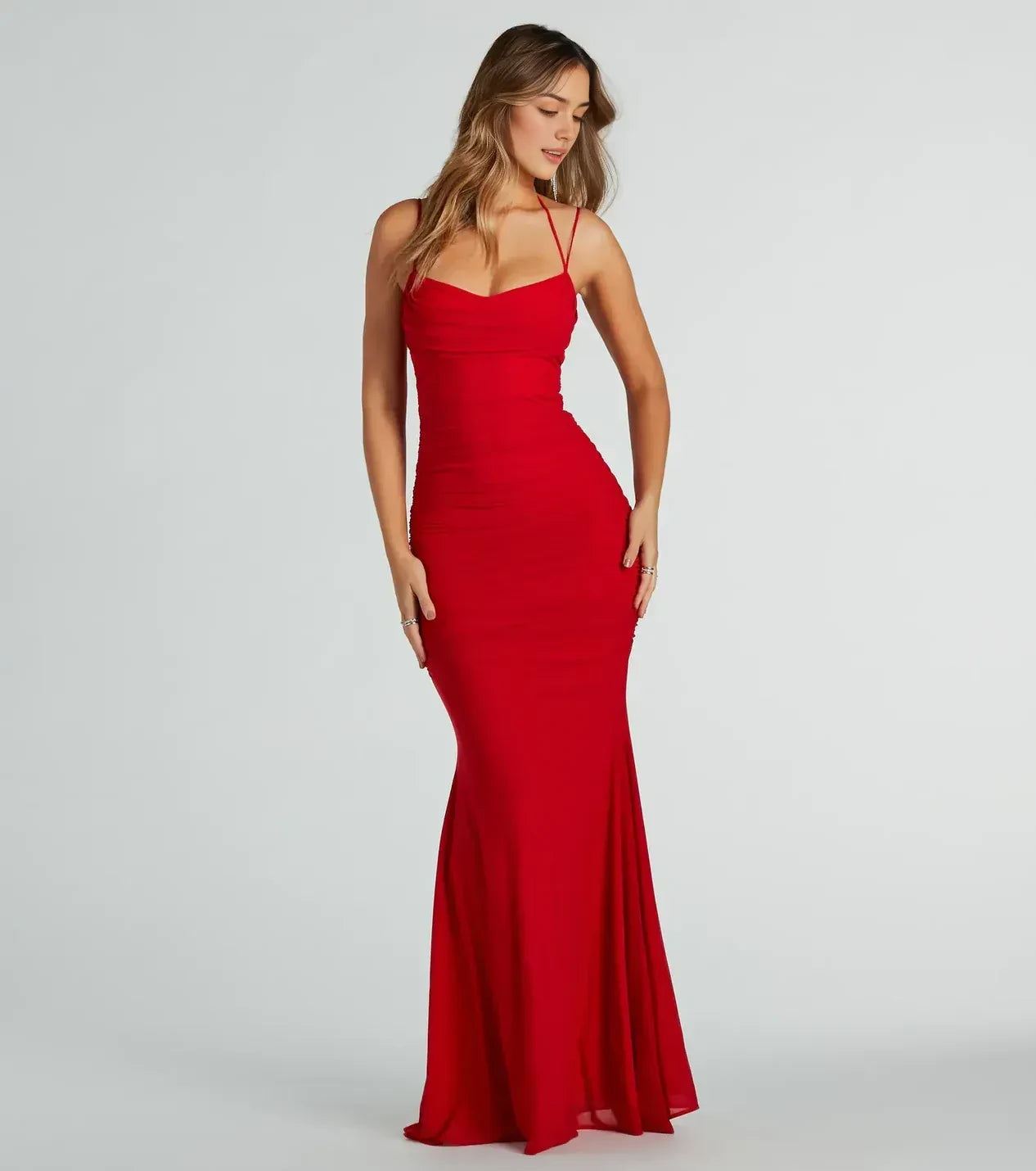 Stunning Trumpet Cowl Neck Spaghetti Strap Tie Back Floor Length Prom Dress