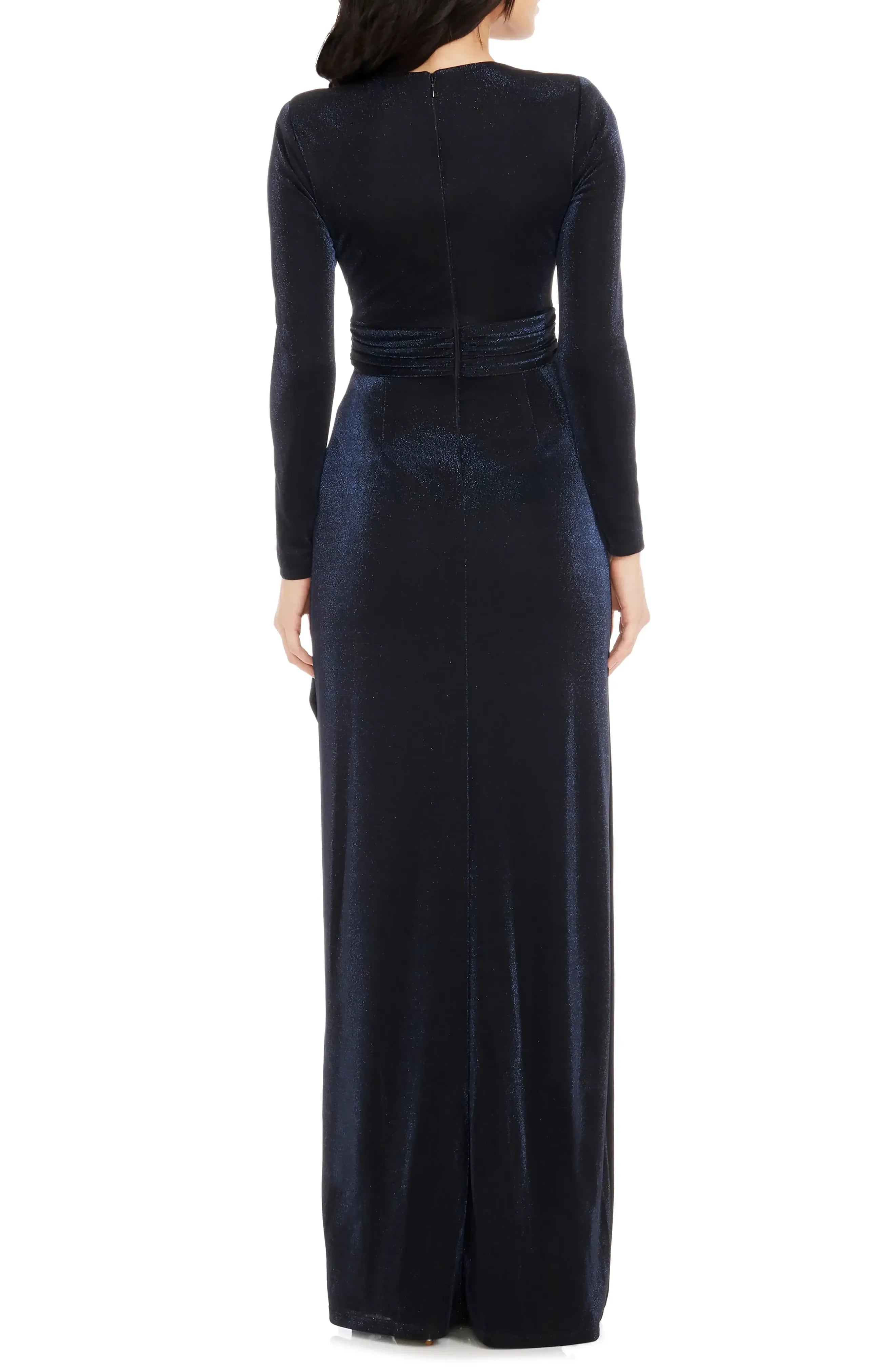 Stunning Wrap V Neck Long Sleeve Ruched Back Floor Length Evening Dress