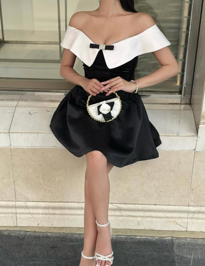 Stunning A Line Off the Shoulder White Black Satin Spaghetti Strap Short Prom Dress Cocktail Dress Homecoming Dress Evening Dress Party Dress