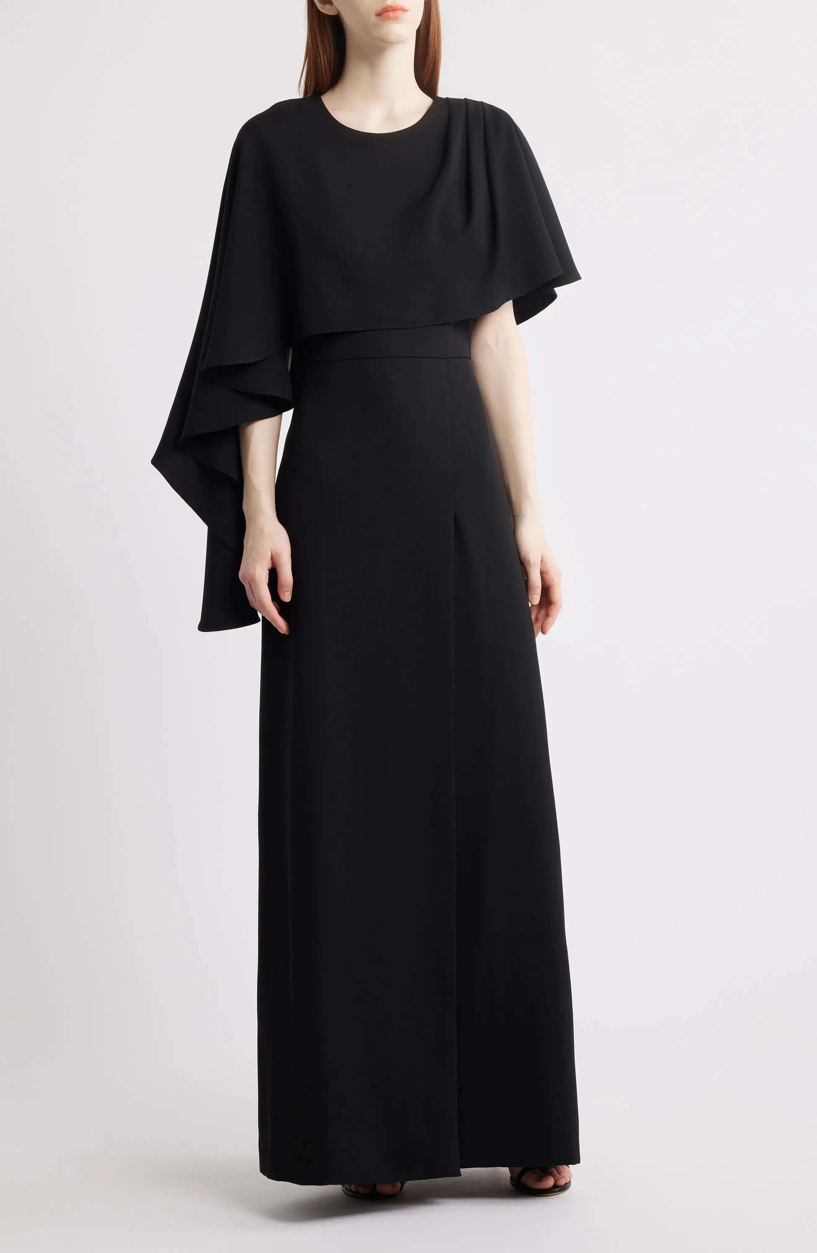 Stylish A Line Crew Neck Asymmetrical Cape Sleeve Zipper Back Floor Length Evening Dress