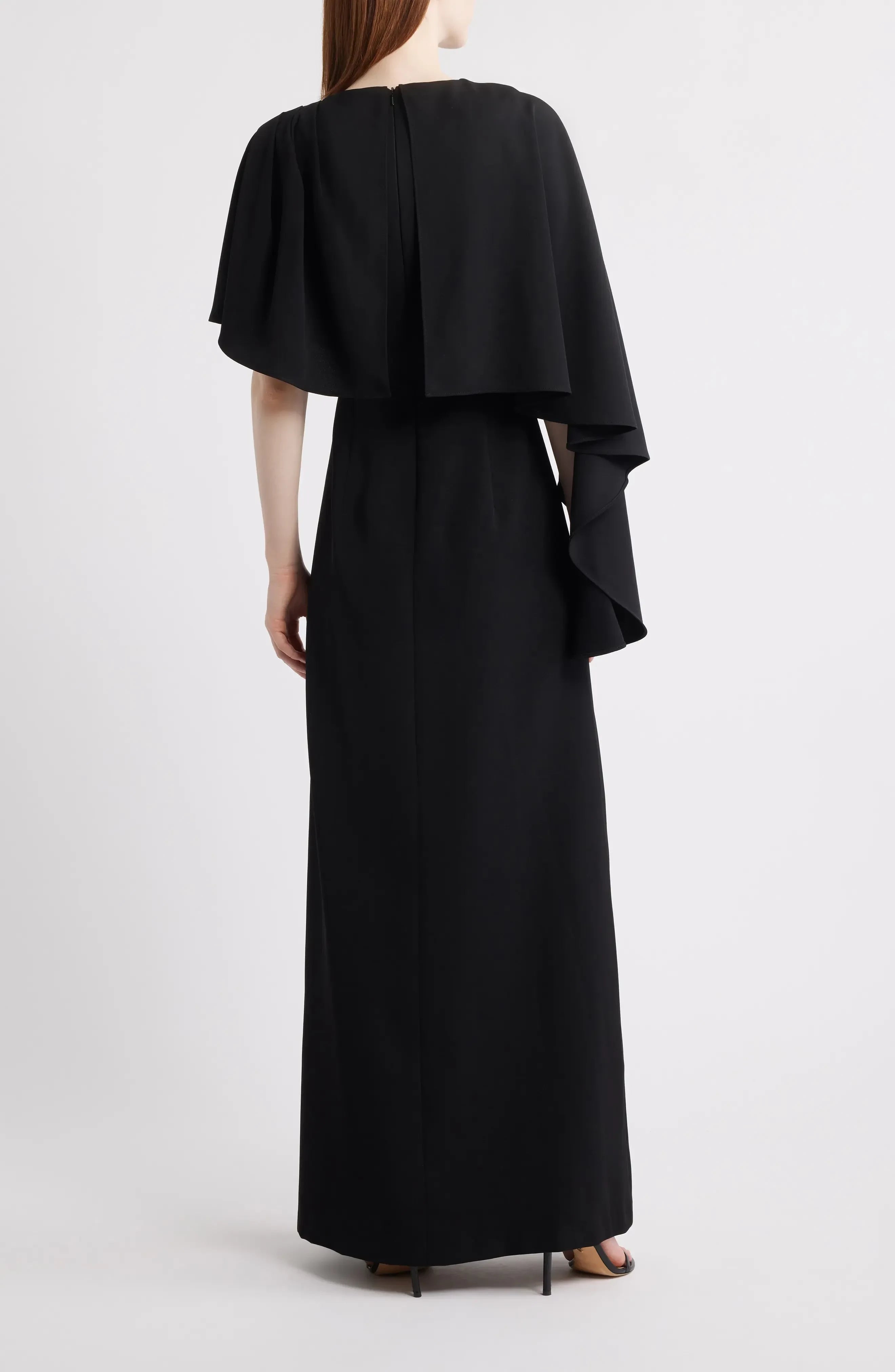 Stylish A Line Crew Neck Asymmetrical Cape Sleeve Zipper Back Floor Length Evening Dress