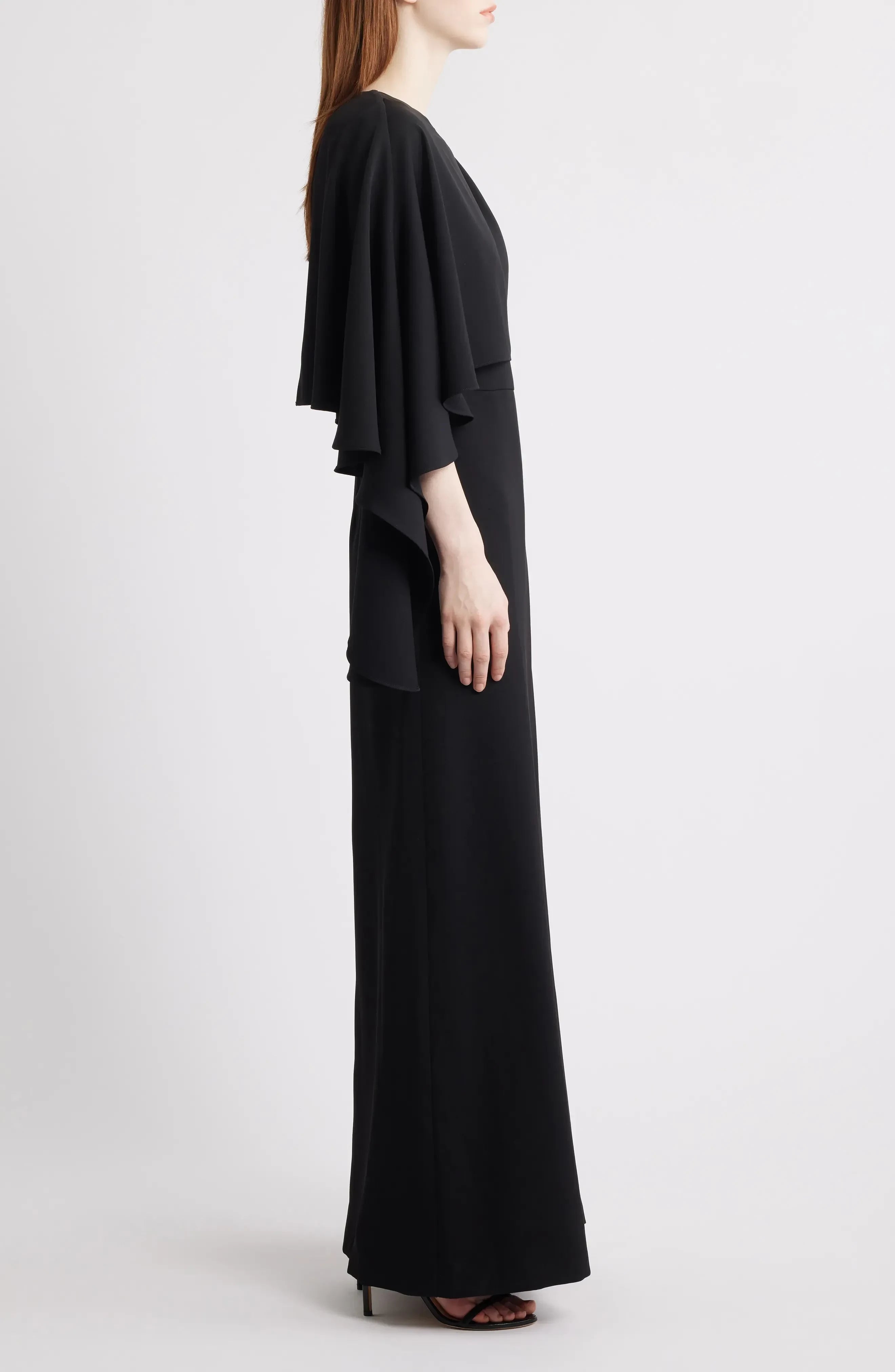 Stylish A Line Crew Neck Asymmetrical Cape Sleeve Zipper Back Floor Length Evening Dress