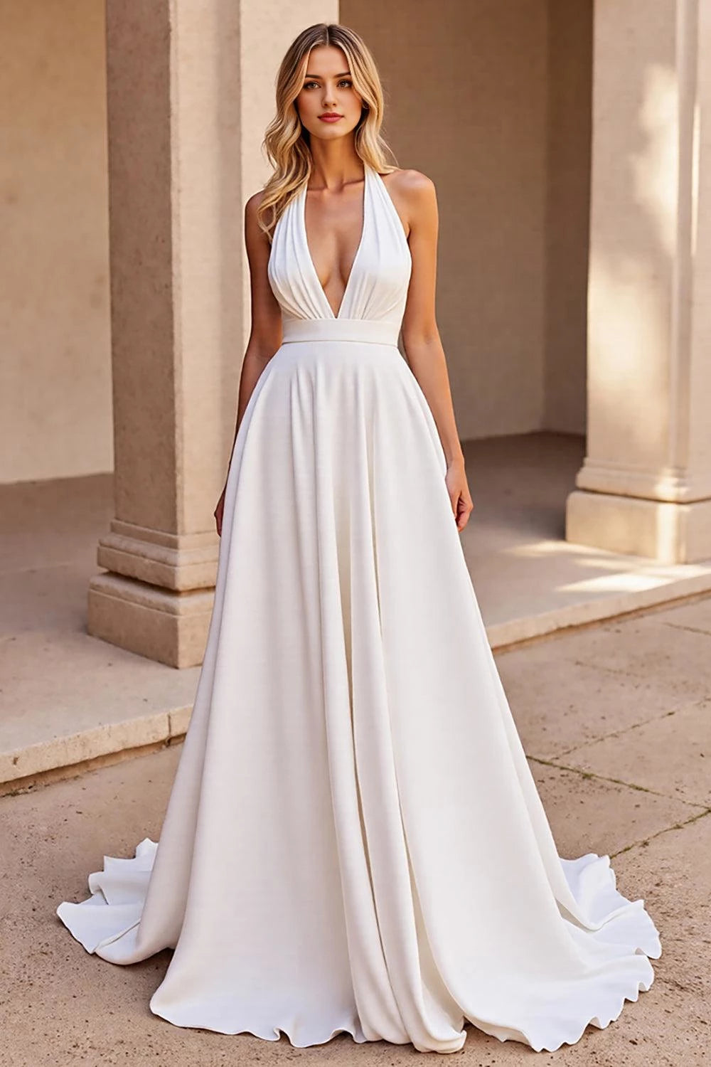 Stylish A Line Halter Deep V Neck Sleeveless Open Back Floor Length Wedding Dress
