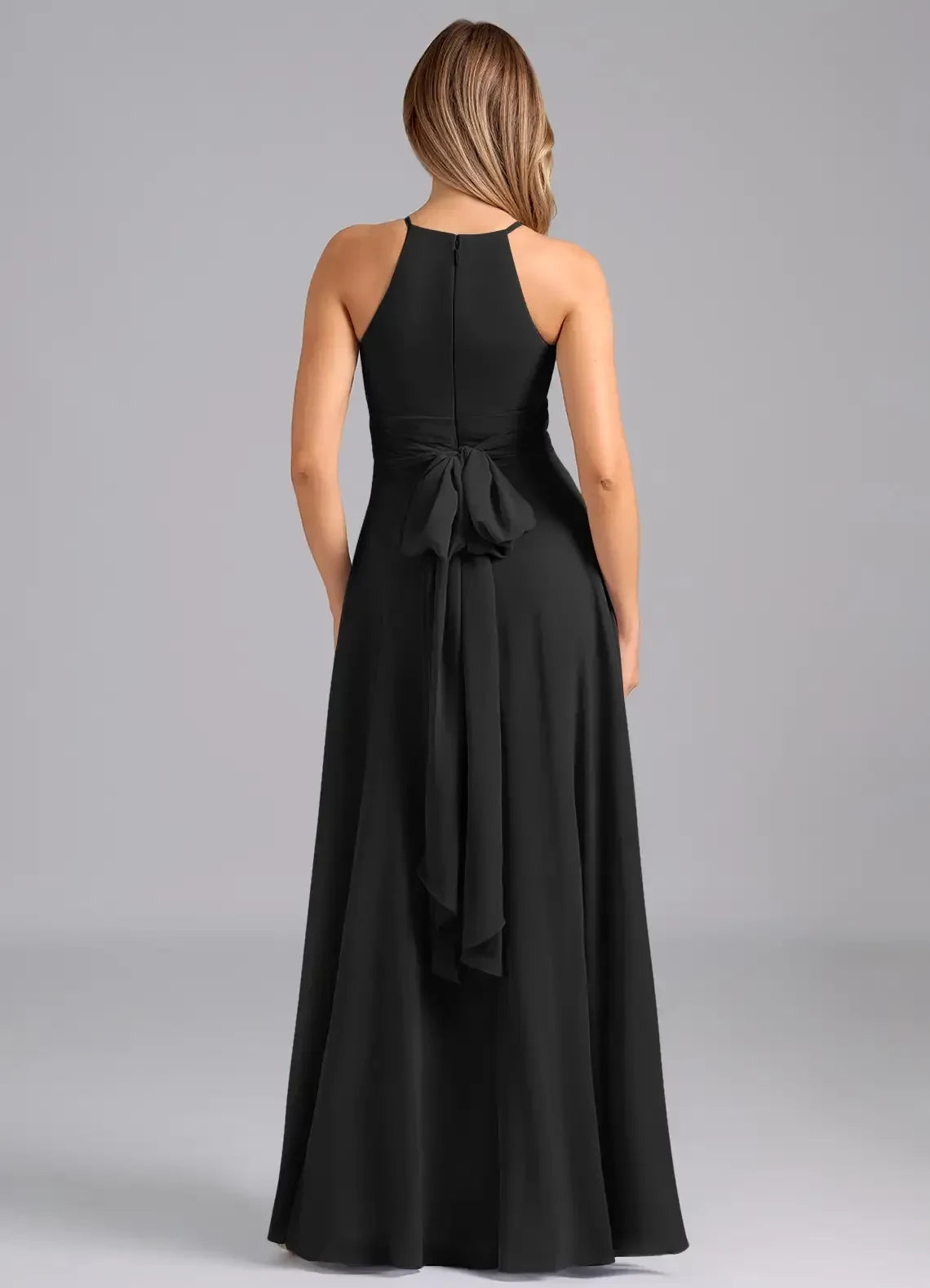 Stylish A Line Halter Neck Sleeveless Bow Back Floor Length Bridesmaid Dress