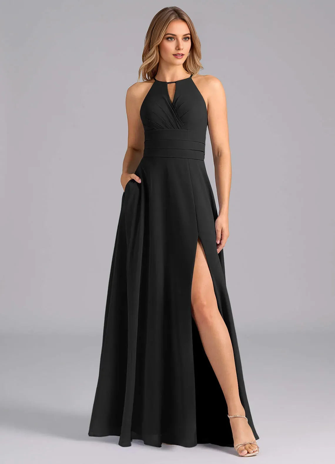 Stylish A Line Halter Neck Sleeveless Bow Back Floor Length Bridesmaid Dress