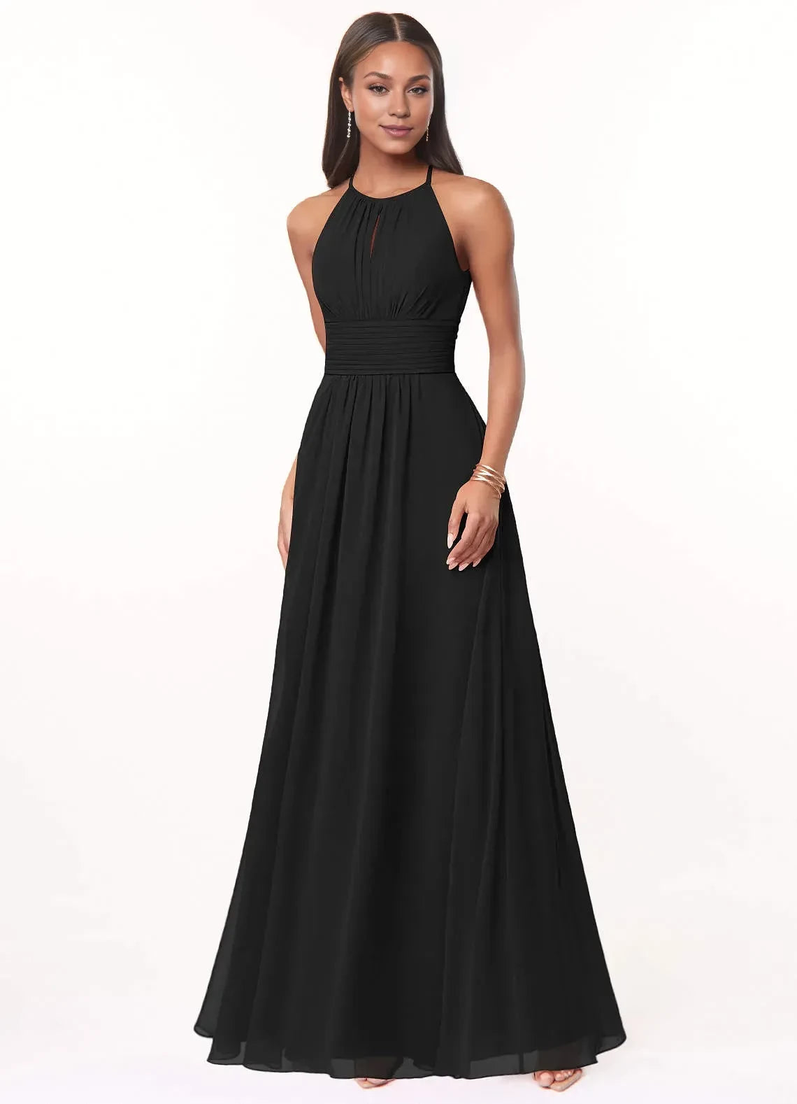 Stylish A Line Halter Neck Sleeveless Keyhole Back Floor Length Bridesmaid Dress
