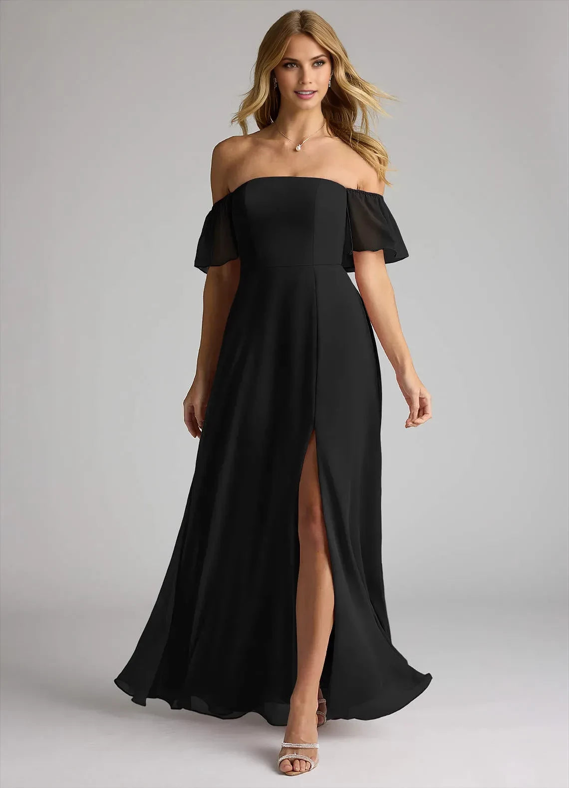 Stylish A Line Off Shoulder Flutter Sleeve Zipper Back Floor Length Bridesmaid Dress ﻿