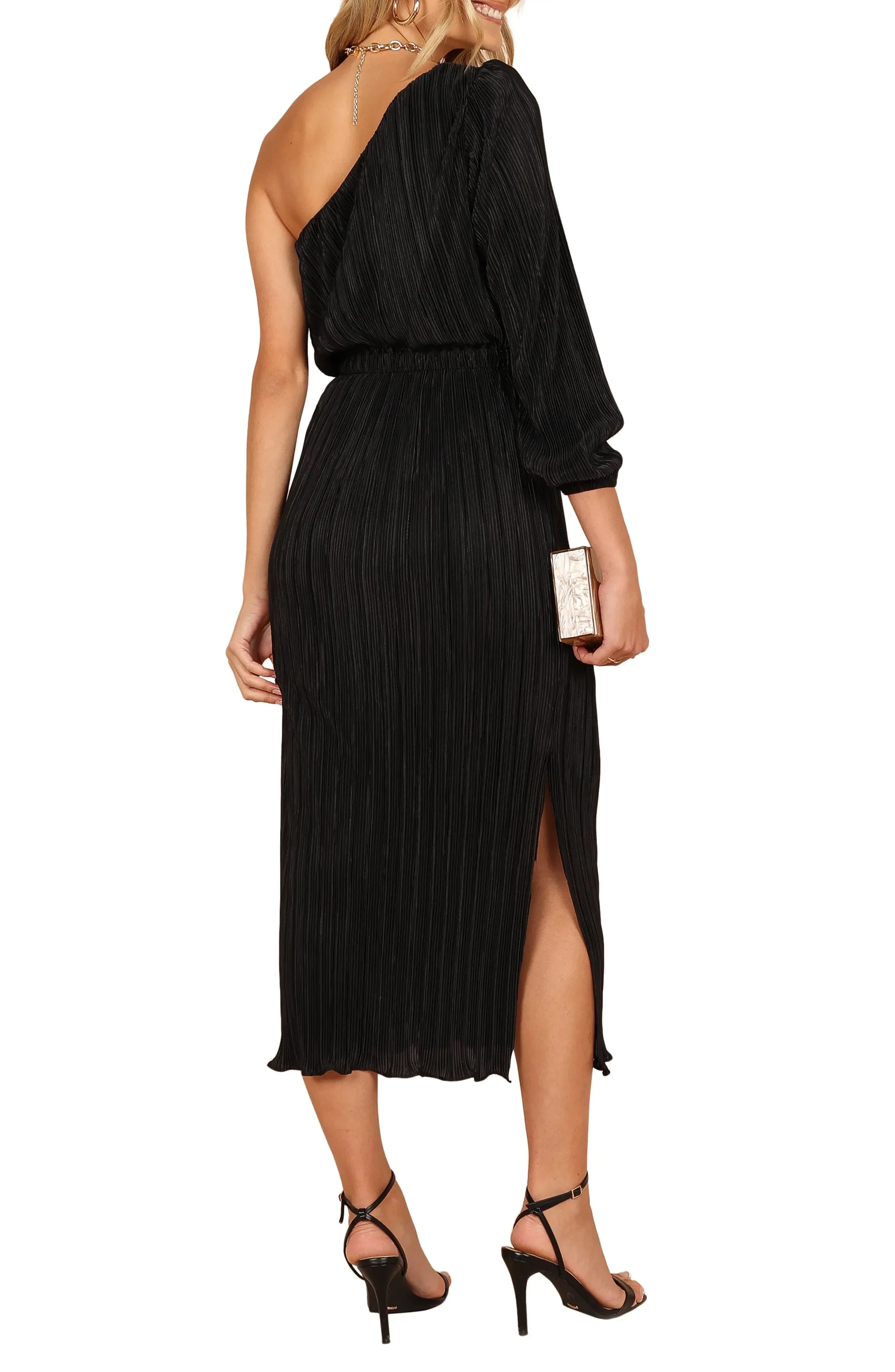 Stylish A Line One Shoulder Long Sleeve Solid Back Midi Evening Dress