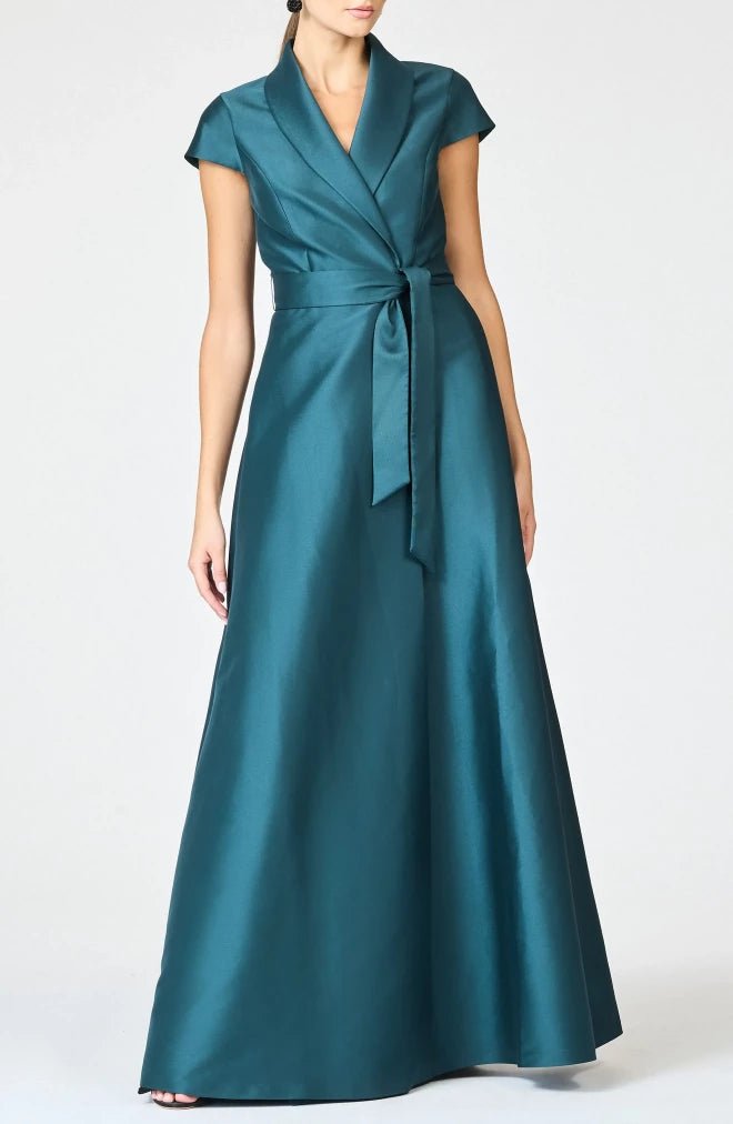 Stylish A Line Shawl Collar Cap Sleeve Zipper Back Floor Length Evening Dress