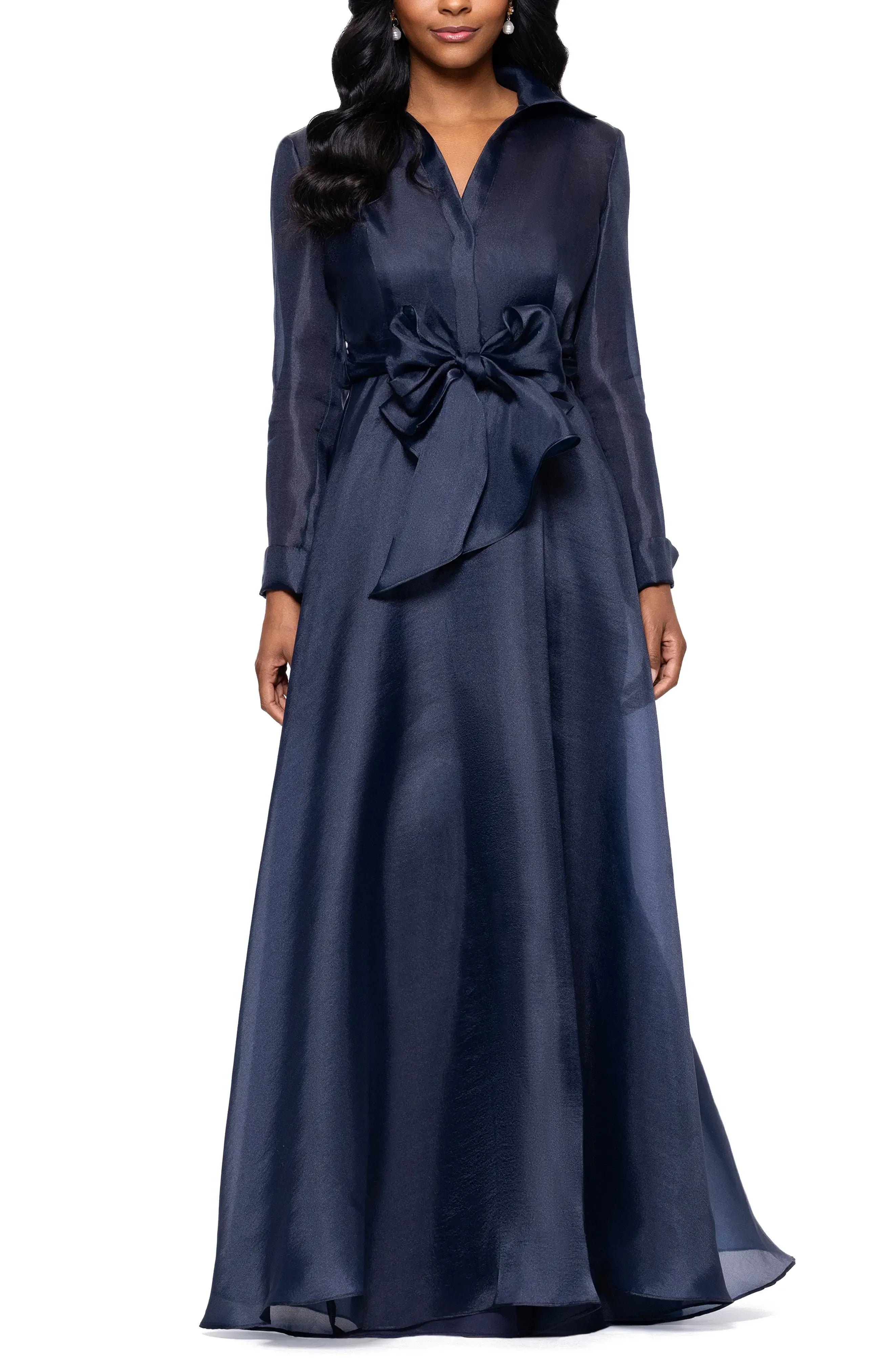 Stylish A Line Shirt Collar Long Sleeve Zipper Back Floor Length Evening Dress