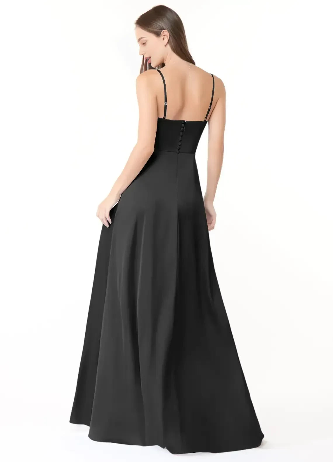 Stylish A Line Square Neck Spaghetti Strap Button Back Floor Length Bridesmaid Dress
