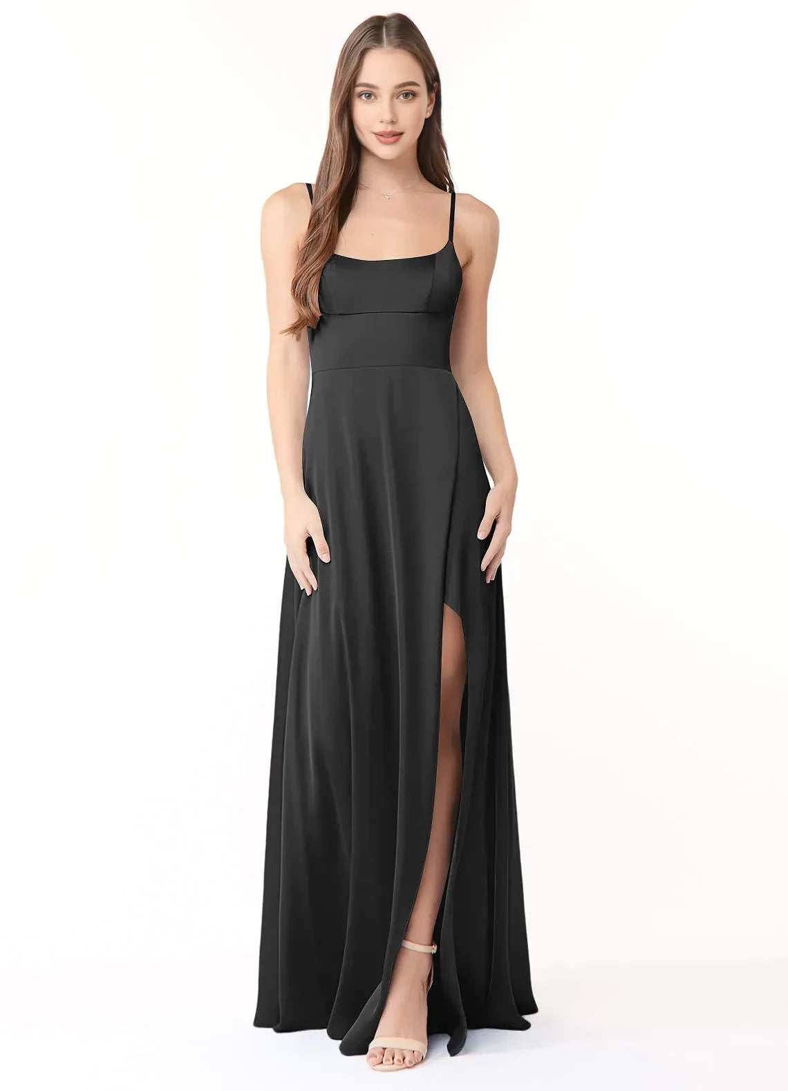 Stylish A Line Square Neck Spaghetti Strap Button Back Floor Length Bridesmaid Dress