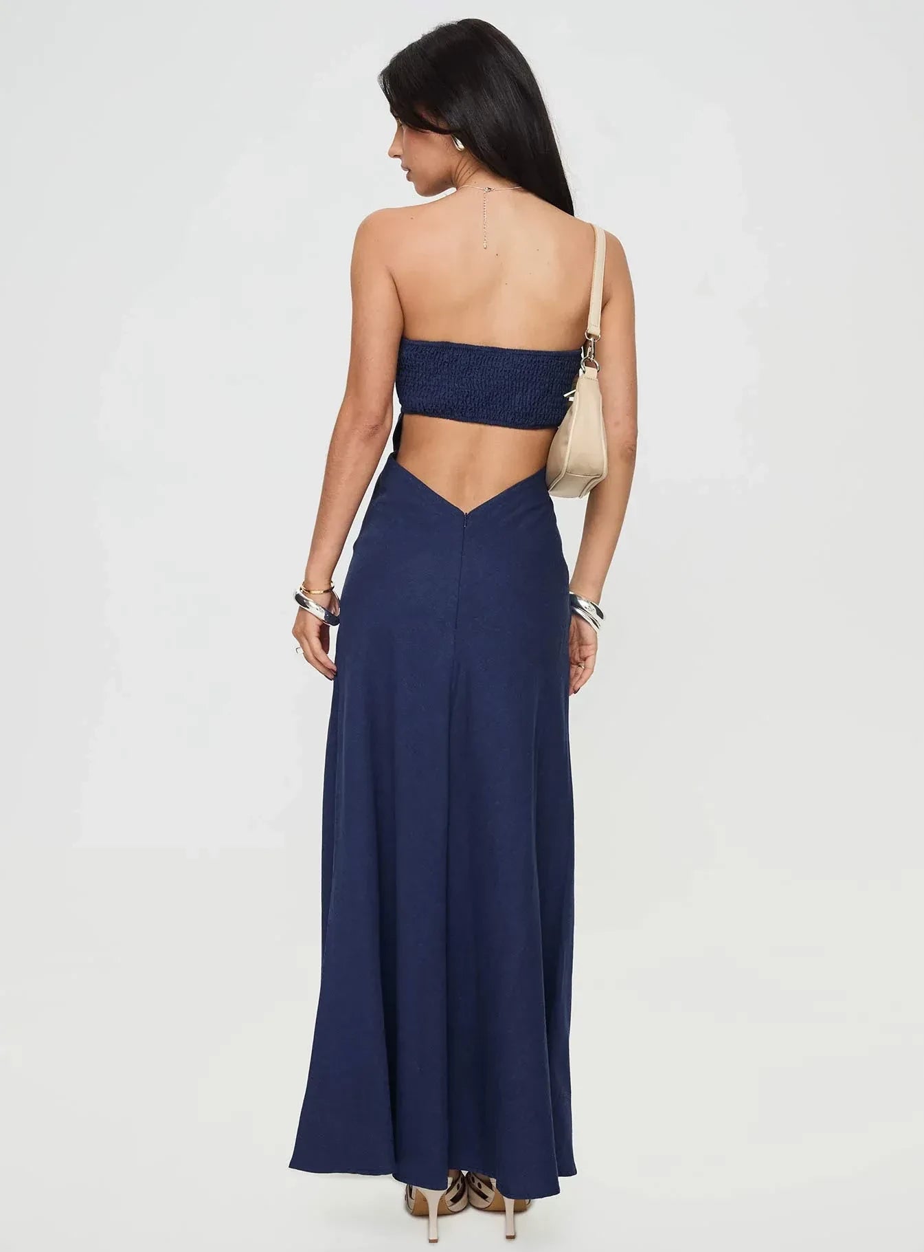 Stylish A Line Strapless Sleeveless Cut Out Back Floor Length Evening Dress