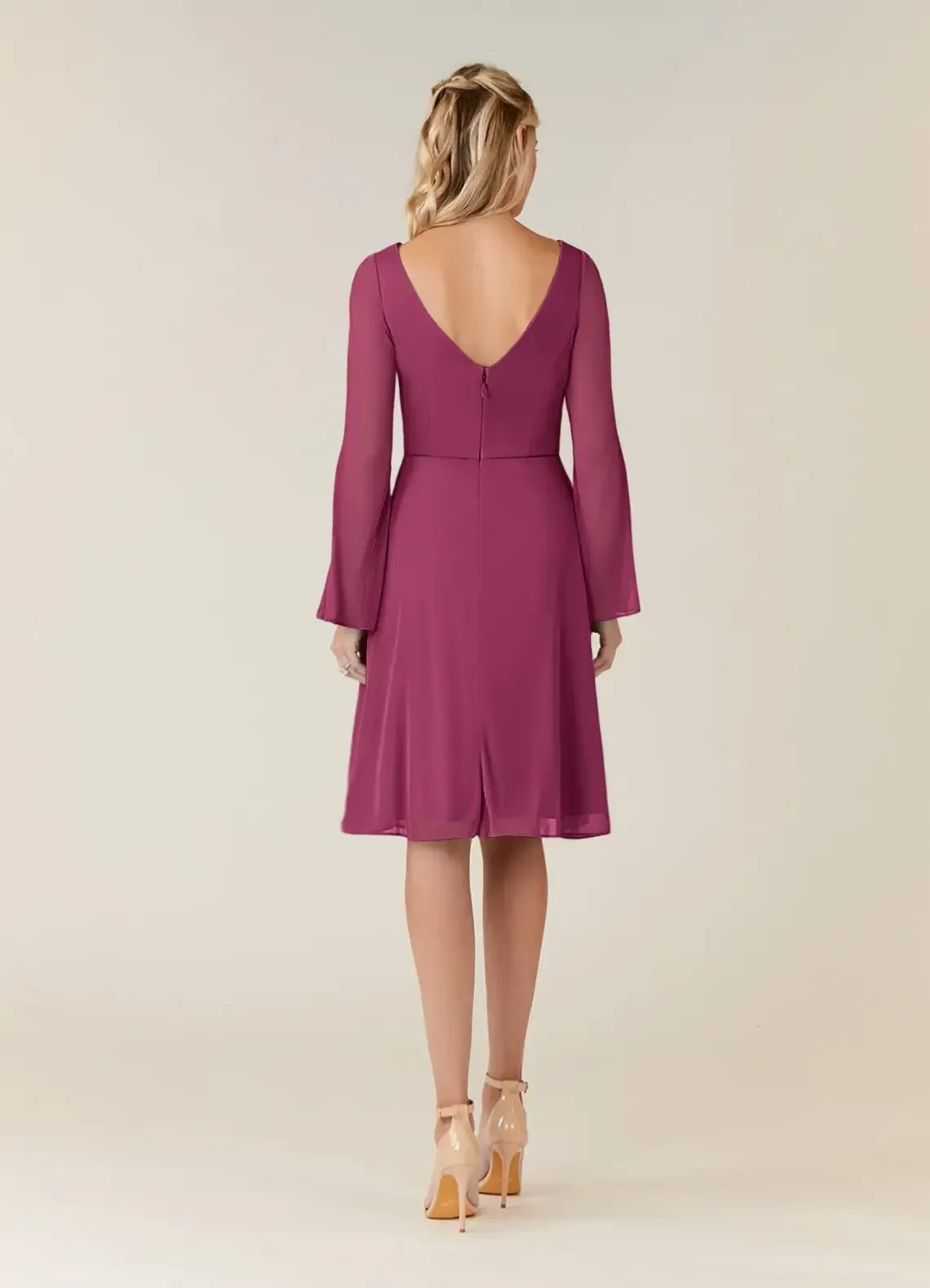 Stylish A Line V Neck Bell Sleeve Zipper Back Knee Length Mother of the Bride Dress