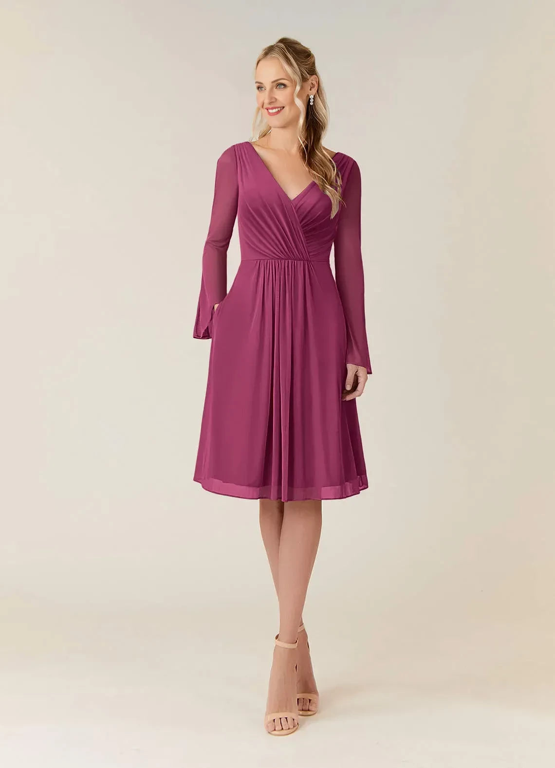 Stylish A Line V Neck Bell Sleeve Zipper Back Knee Length Mother of the Bride Dress
