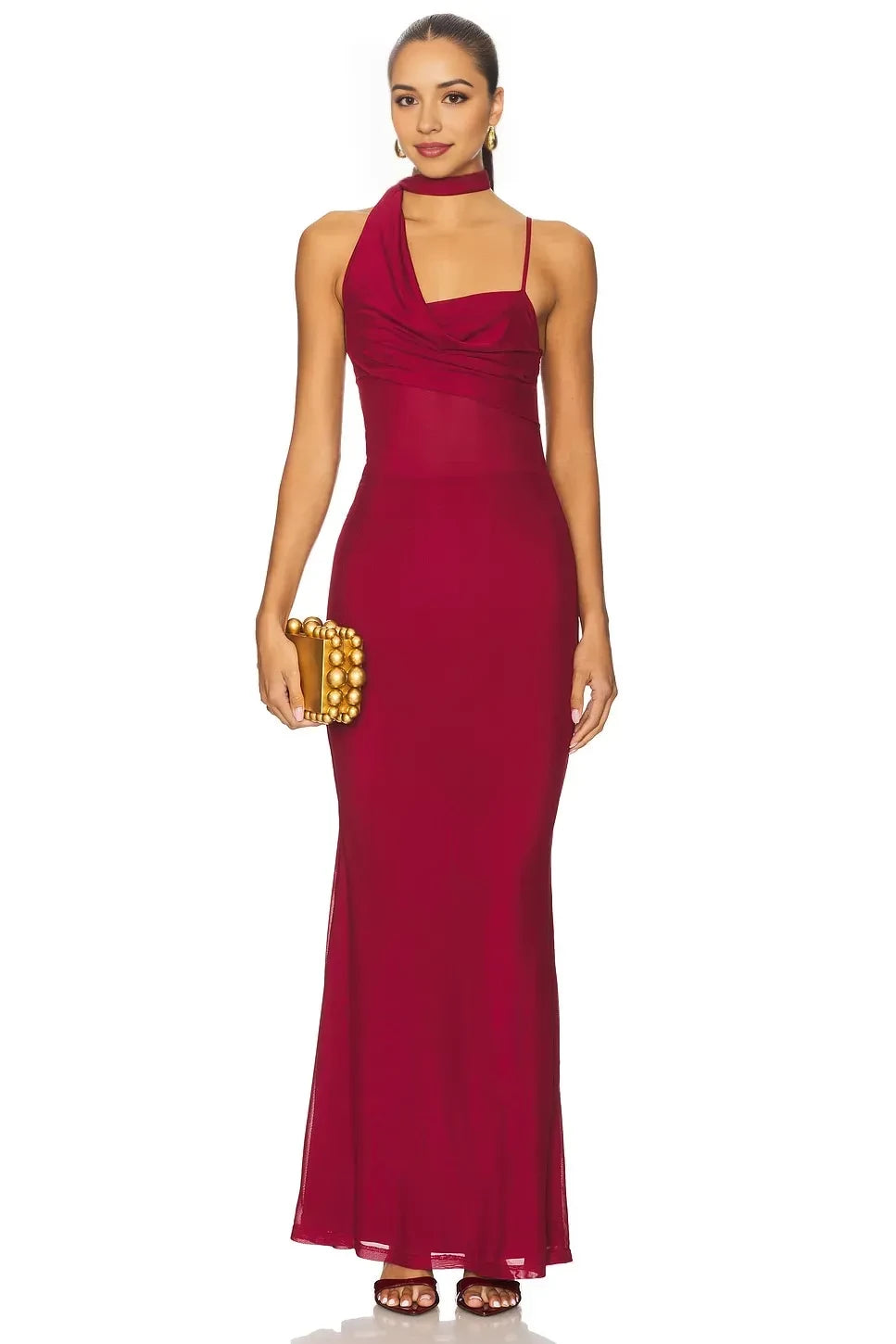 Stylish Mermaid Asymmetric Neck Sleeveless Draped Back Floor Length Evening Dress