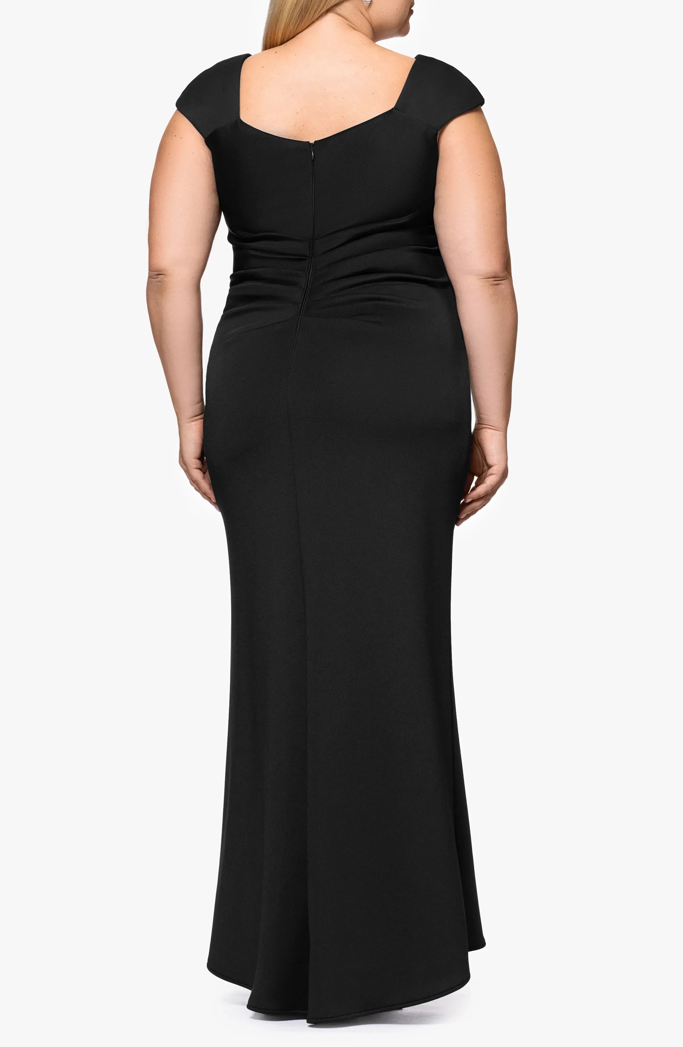 Stylish Mermaid Asymmetrical Neck Cap Sleeve Ruched Back Floor Length Plus Size Evening Dress