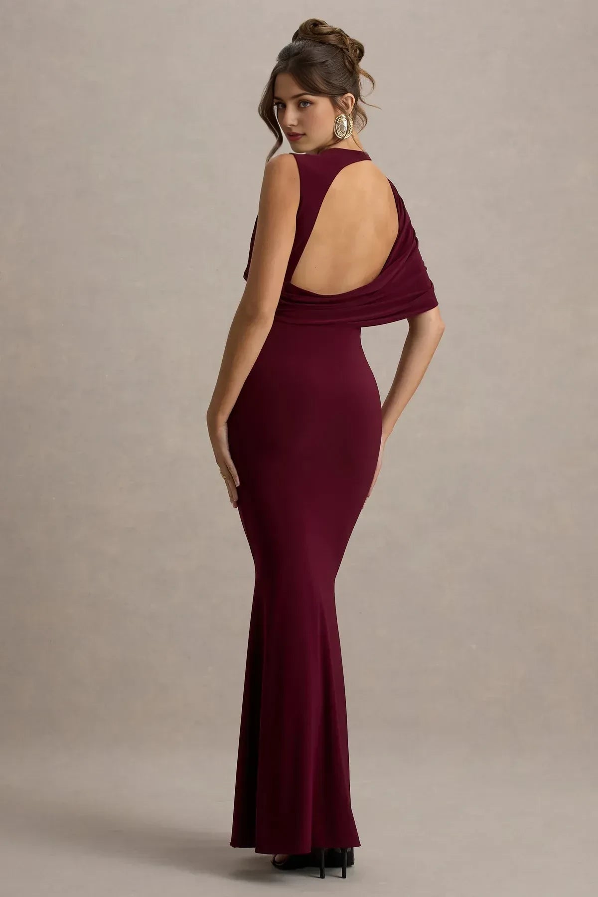 Stylish Mermaid Crew Neck Draped Shoulder Open Back Floor Length Evening Dress