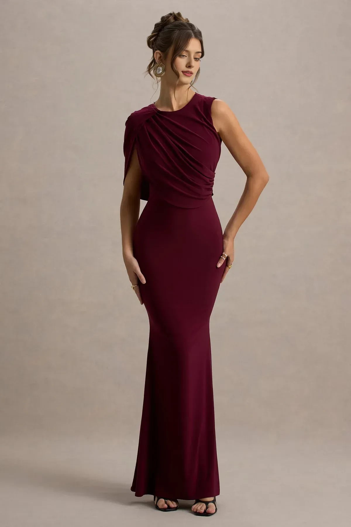 Stylish Mermaid Crew Neck Draped Shoulder Open Back Floor Length Evening Dress