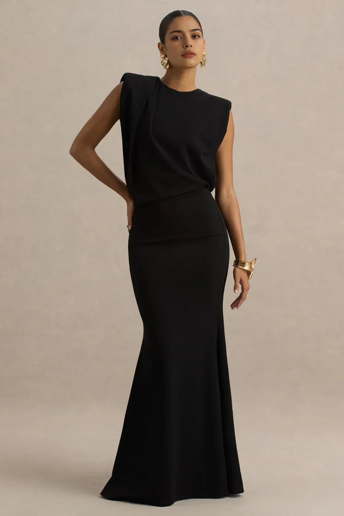 Stylish Mermaid Crew Neck Draped Sleeve Keyhole Back Floor Length Evening Dress