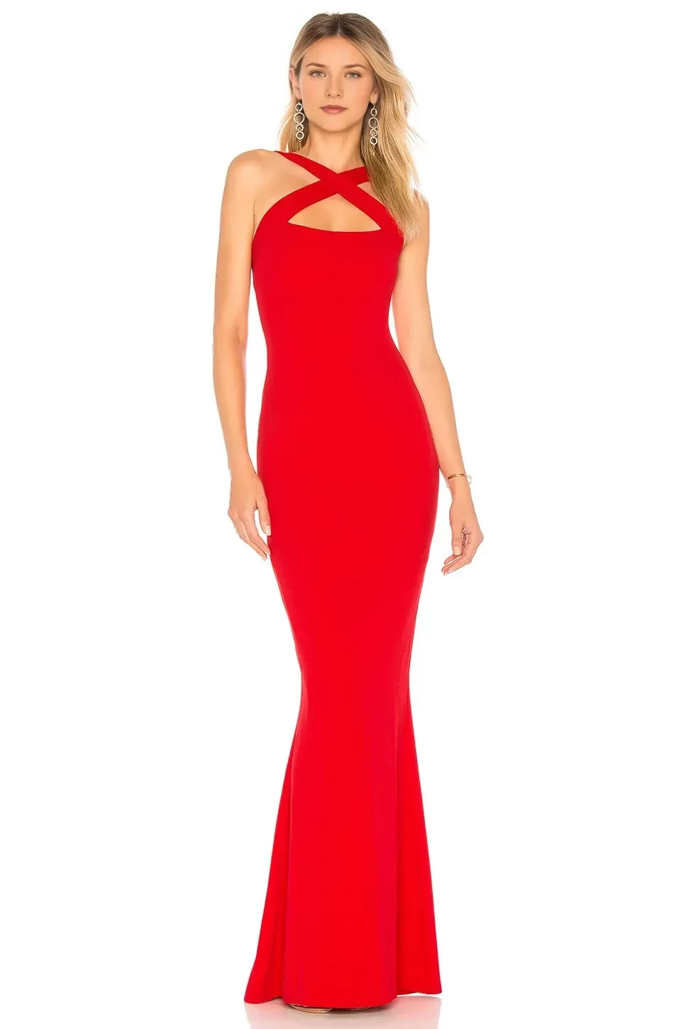 Stylish Mermaid Criss Cross Neck Sleeveless Open Back Floor Length Evening Dress