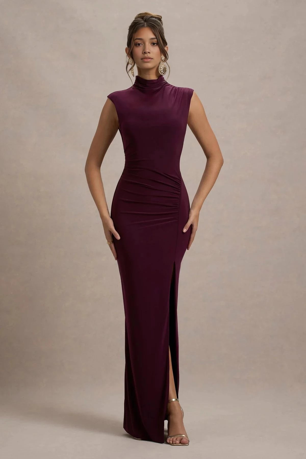 Stylish Mermaid Mock Neck Sleeveless Ruched Side High Slit Floor Length Evening Dress