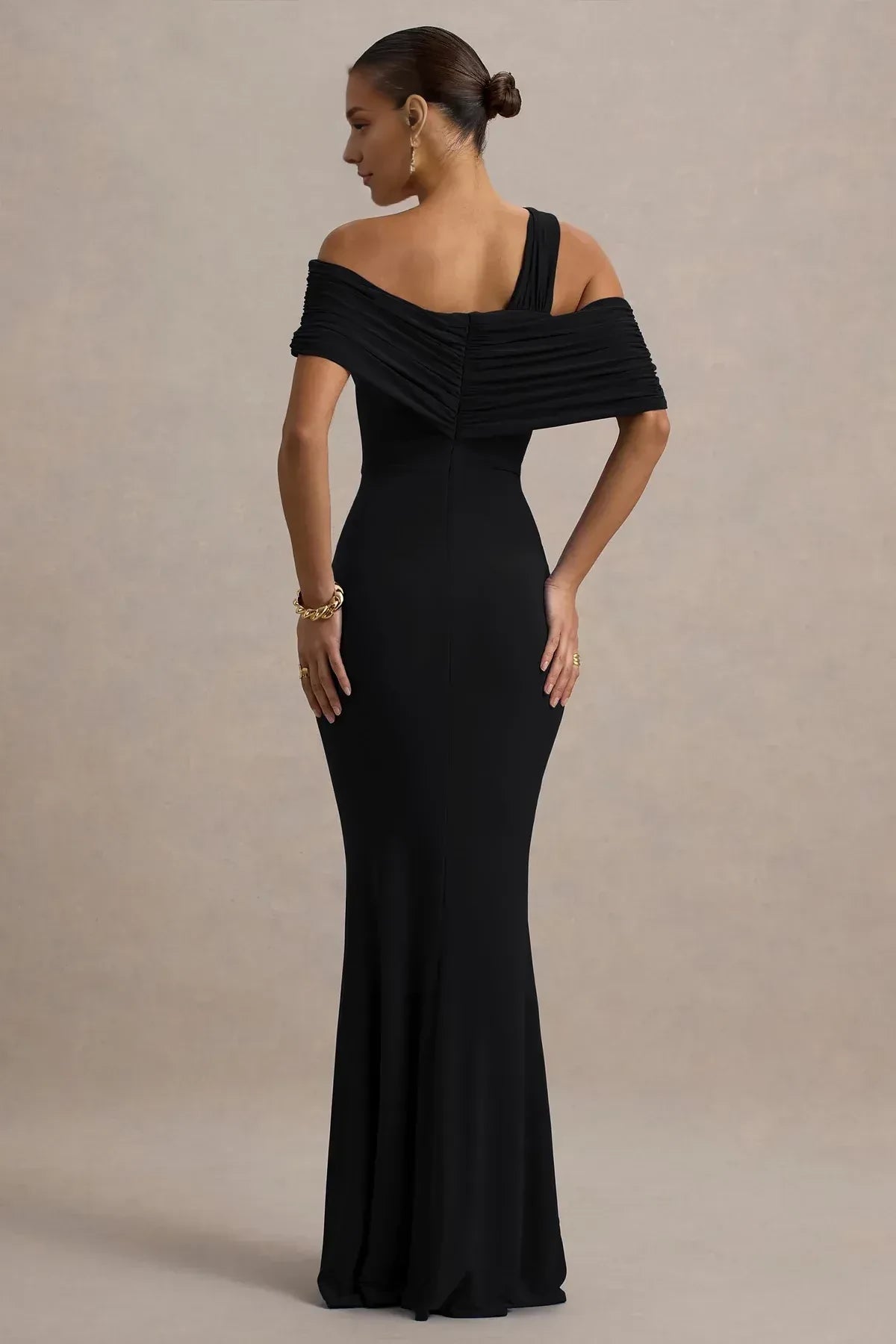 Stylish Mermaid One Shoulder Draped Sleeve Ruched Side High Slit Floor Length Evening Dress