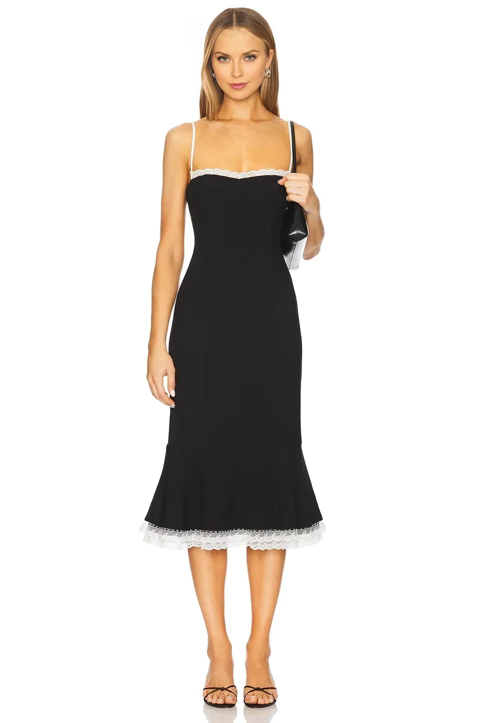 Stylish Mermaid Strapless Lace Trimmed Midi Length Evening Dress