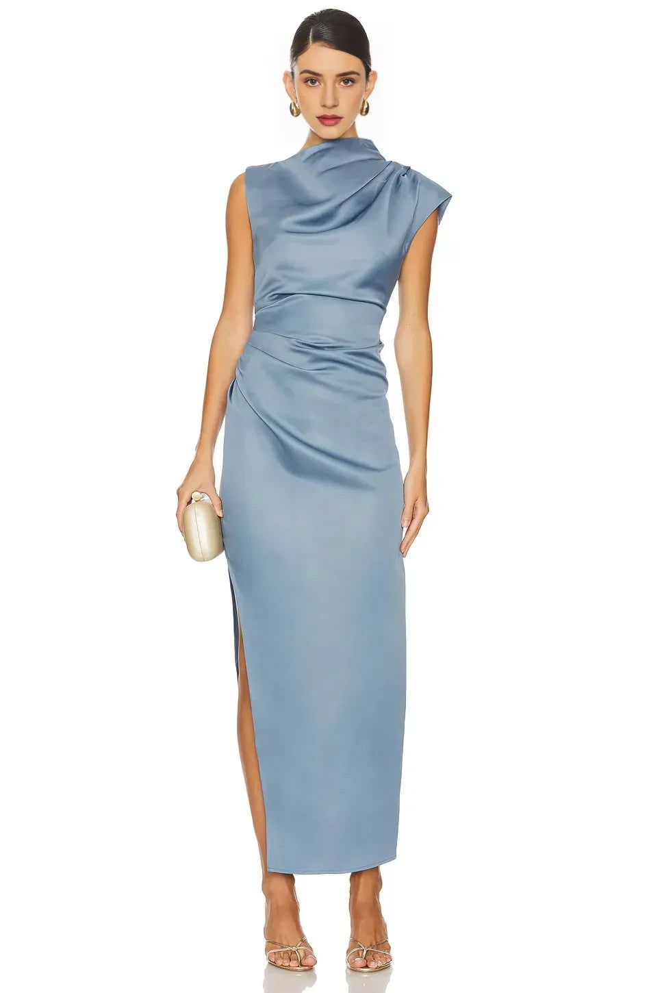 Stylish Sheath Asymmetric Neck Cap Sleeve High Slit Midi Length Evening Dress
