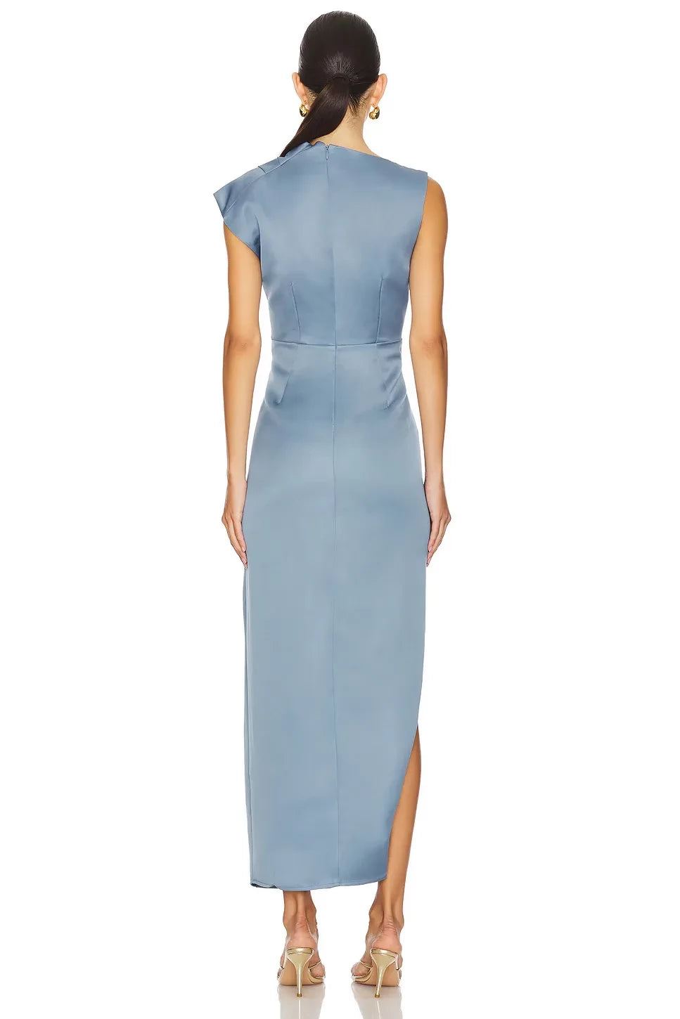 Stylish Sheath Asymmetric Neck Cap Sleeve High Slit Midi Length Evening Dress