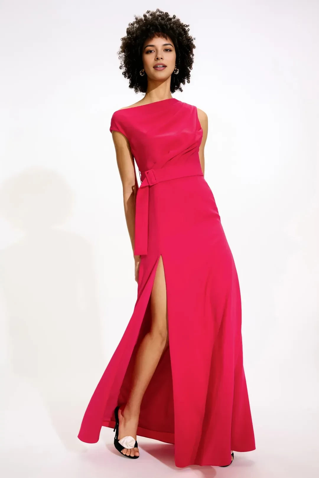 Stylish Sheath Asymmetric Neck Short Sleeve Belted Side Slit Floor Length Plus Size Prom Dress