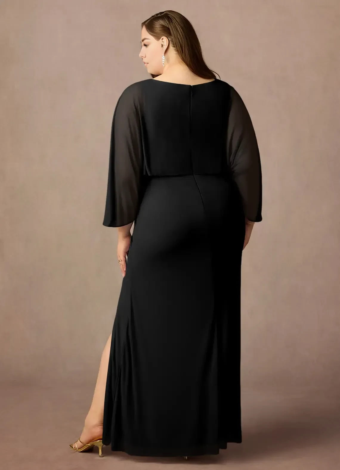 Stylish Sheath Boat Neck Batwing Sleeve Zipper Back Plus Size Floor Length Mother of the Bride Dress