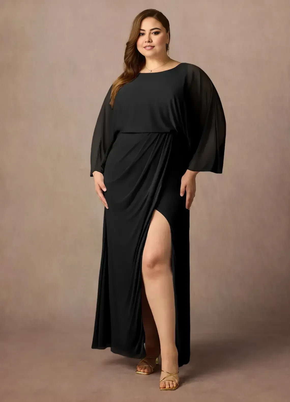 Stylish Sheath Boat Neck Batwing Sleeve Zipper Back Plus Size Floor Length Mother of the Bride Dress