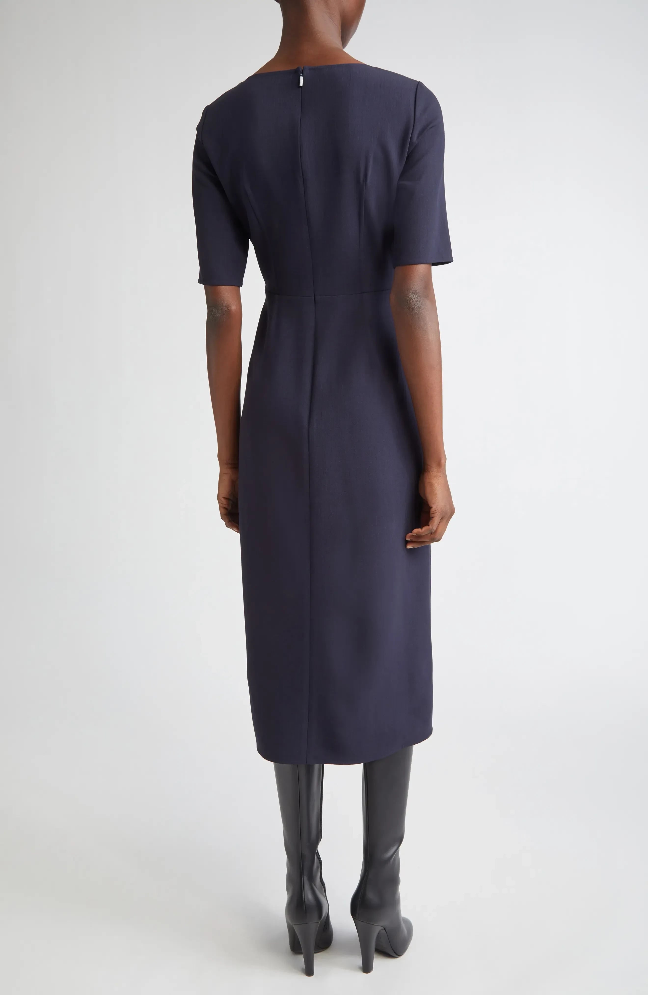 Stylish Sheath Boat Neck Elbow Sleeve Zipper Back Midi Length Evening Dress