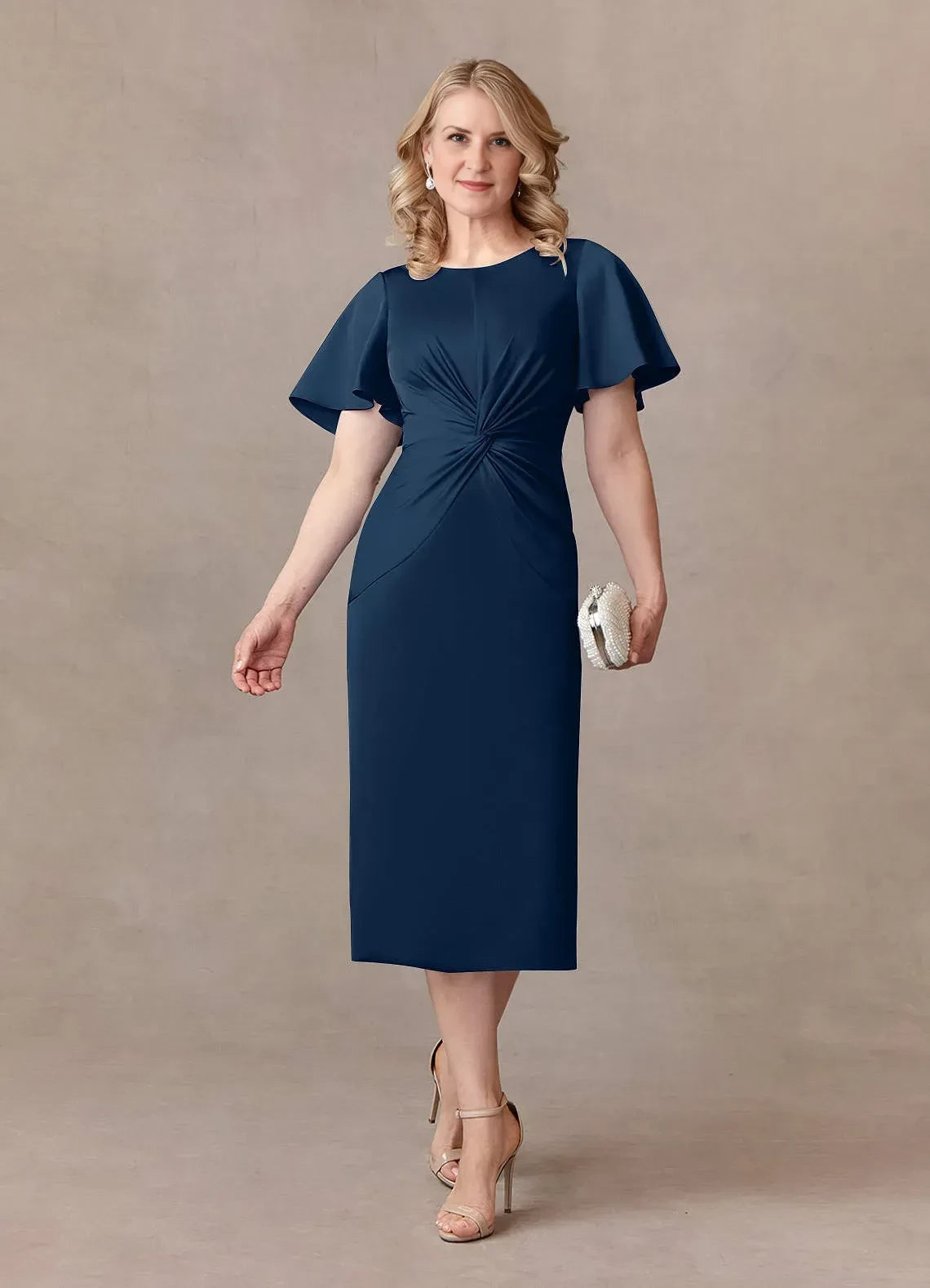 Stylish Sheath Boat Neck Flutter Sleeve Zipper Back Knee Length Mother of the Bride Dress