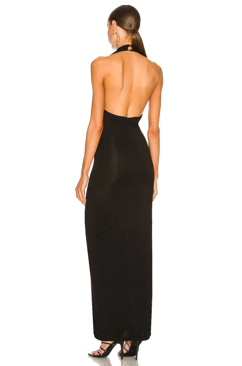Stylish Sheath Cowl Halter Neck Sleeveless Open Back Slit Front Floor Length Evening Dress