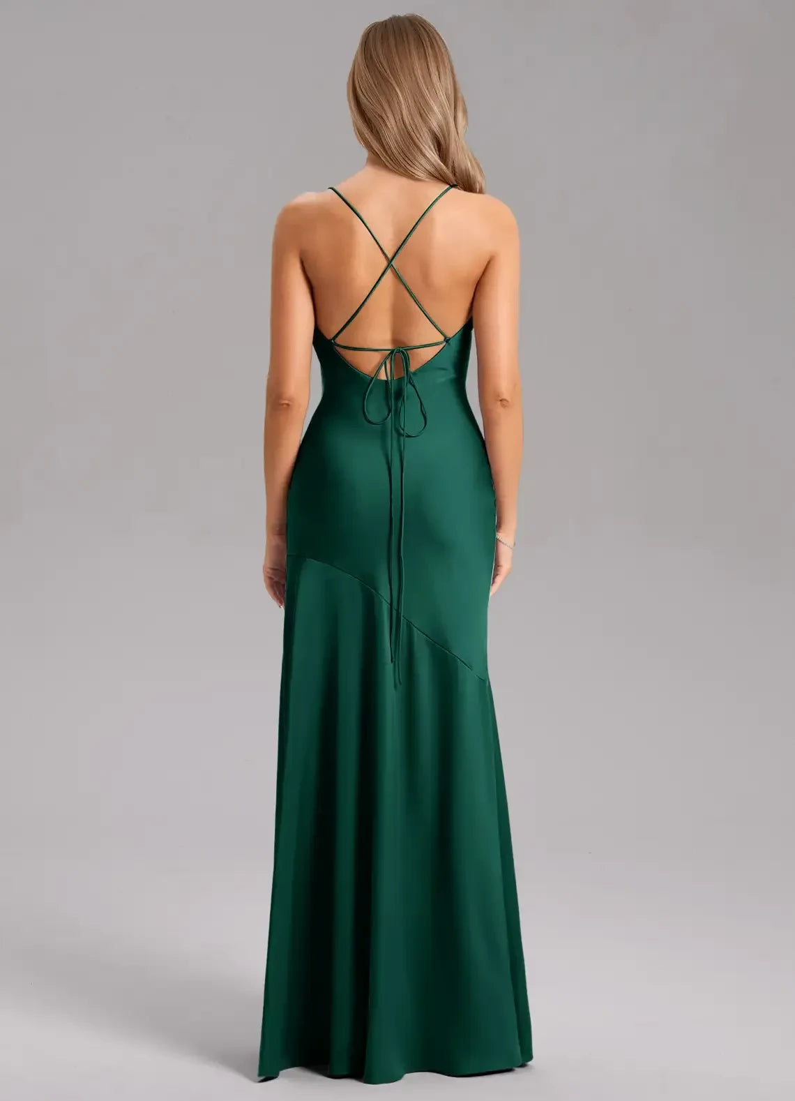 Stylish Sheath Cowl Neck Spaghetti Strap Criss Cross Tie Back Floor Length Bridesmaid Dress