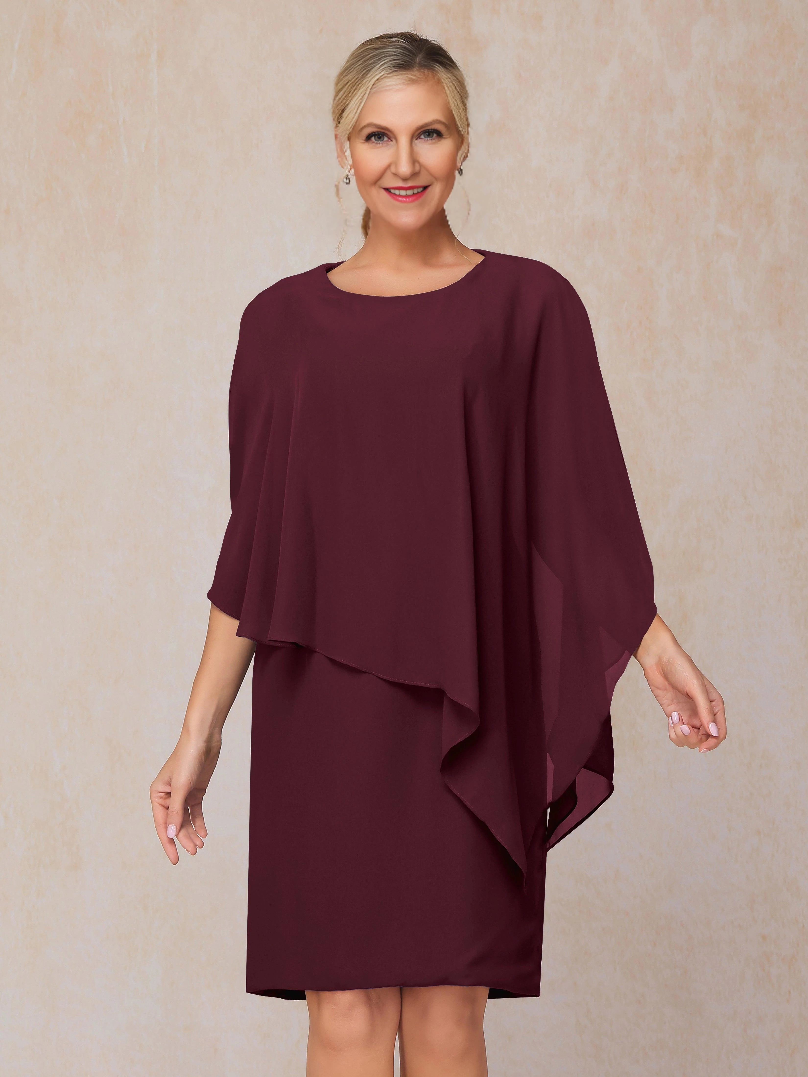 Stylish Sheath Crew Neck Cape Sleeve Zipper Back Knee Length Mother of the Bride Dress