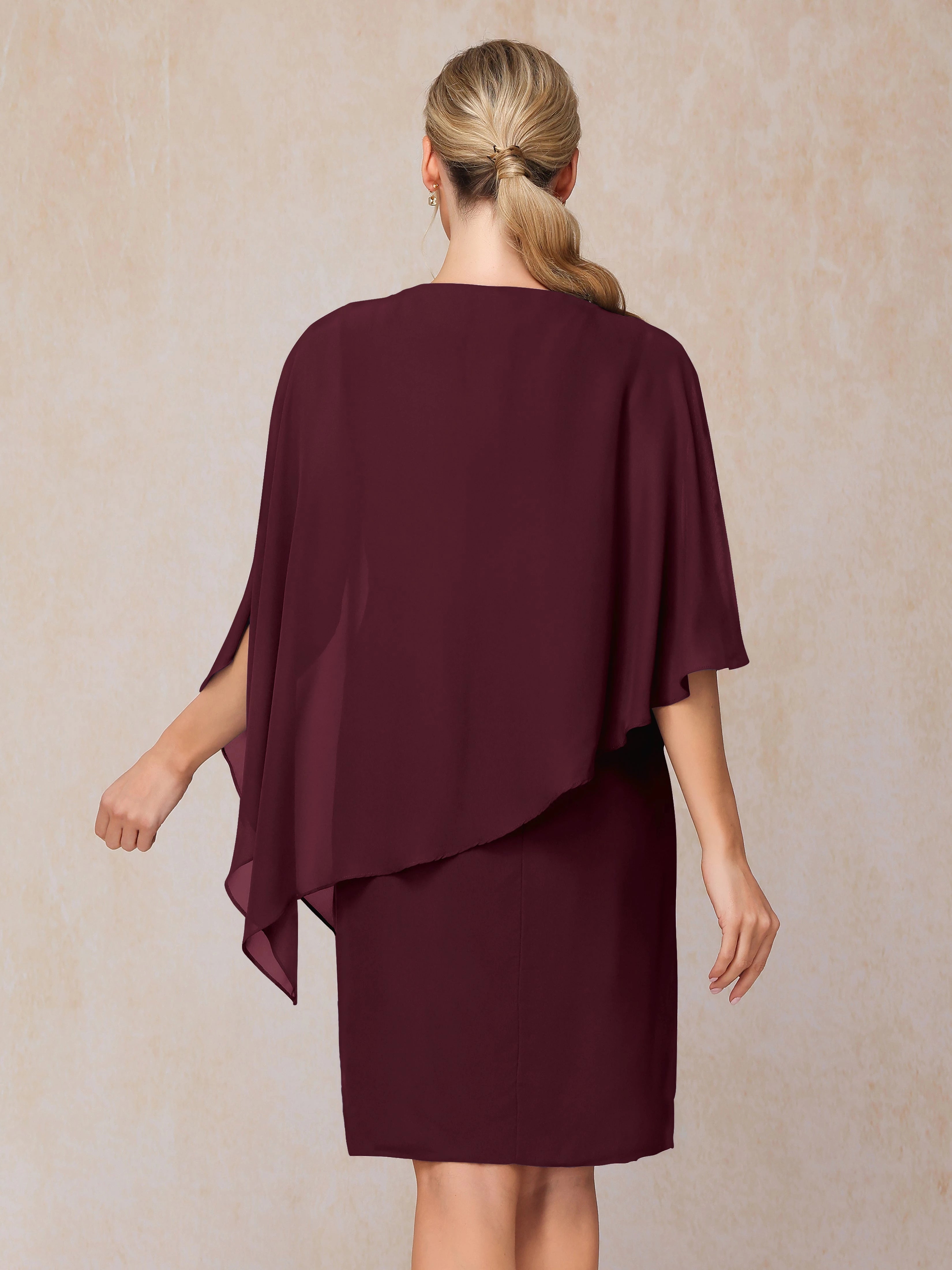 Stylish Sheath Crew Neck Cape Sleeve Zipper Back Knee Length Mother of the Bride Dress
