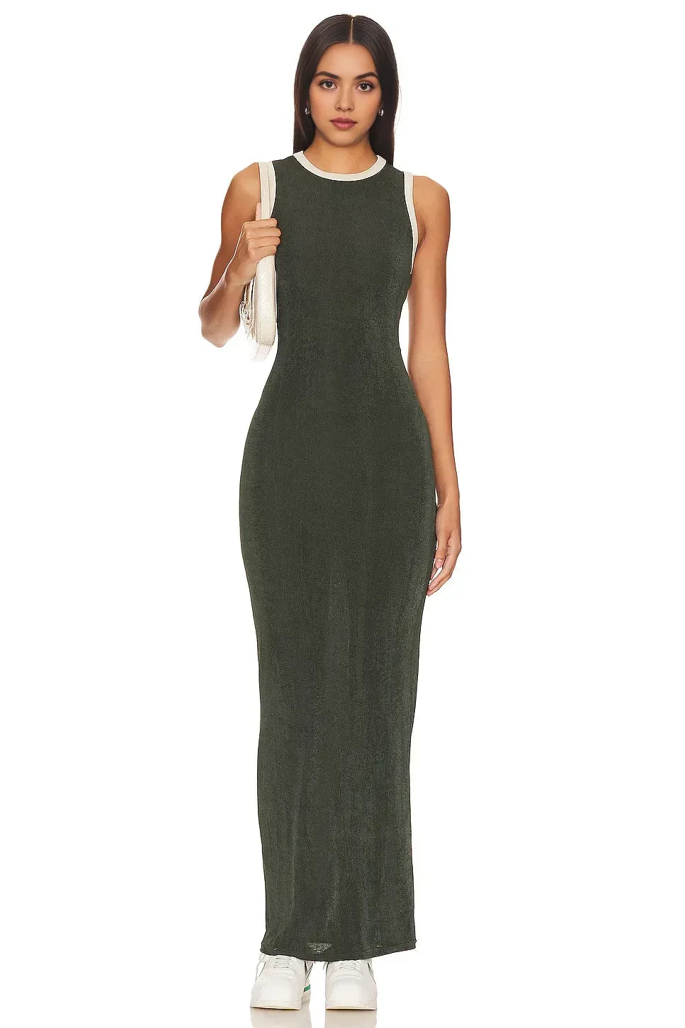 Stylish Sheath Crew Neck Sleeveless Contrast Trim Floor Length Evening Dress