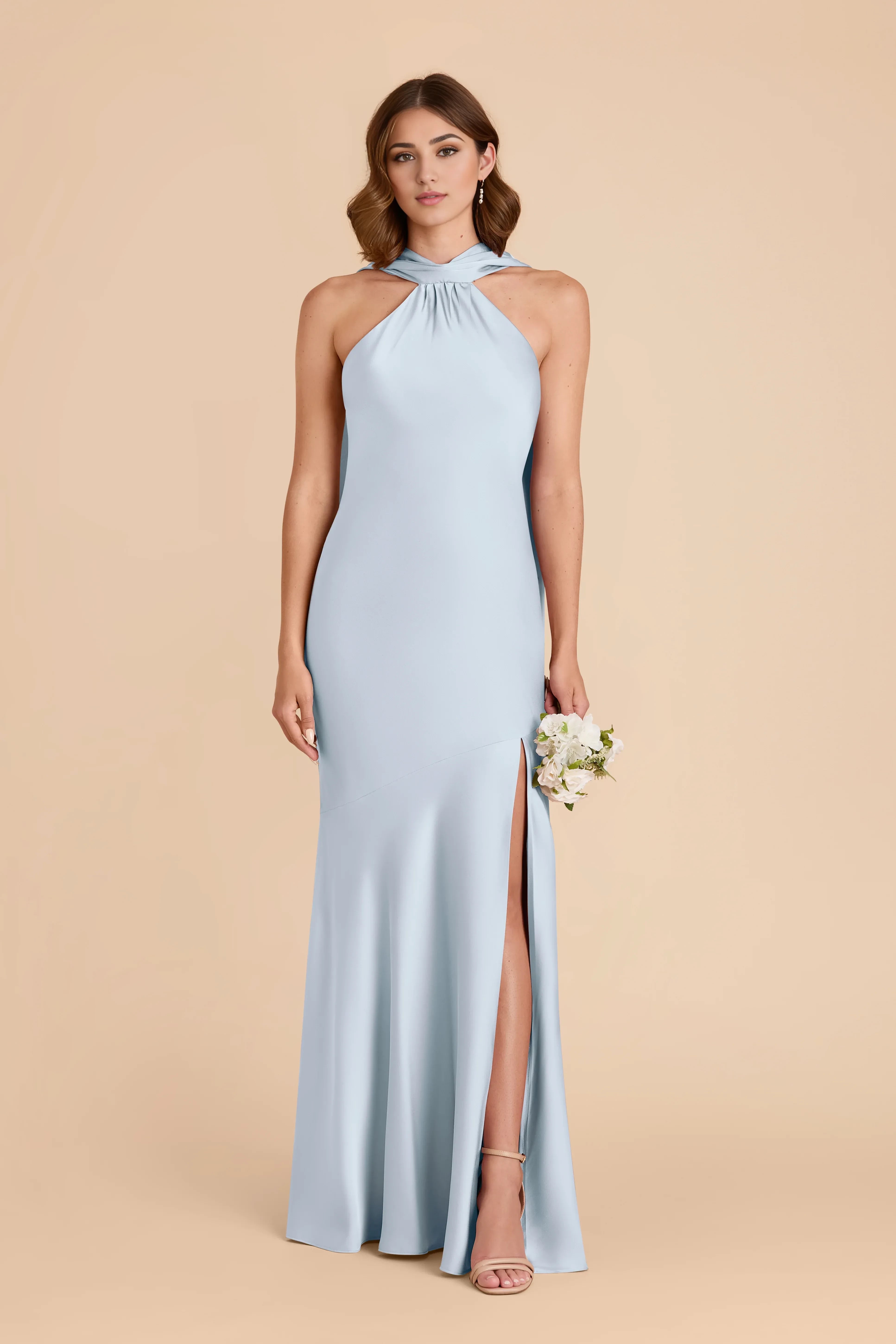 Stylish Sheath Halter Neck Sleeveless Open Back Floor Length Bridesmaid Dress