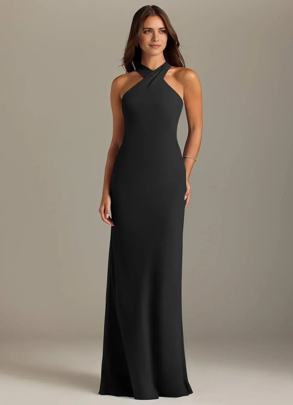 Stylish Sheath Halter Neck Sleeveless Tie Back Floor Length Bridesmaid Dress