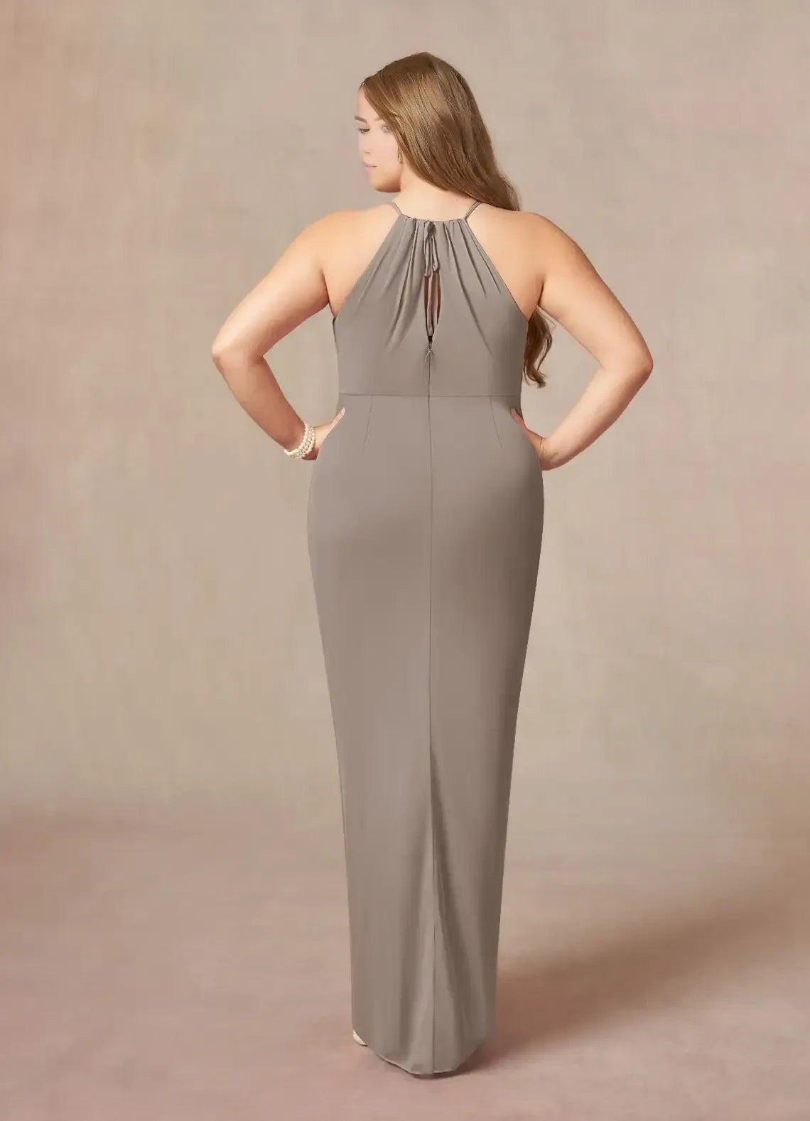 Stylish Sheath Halter Neck Sleeveless Tie Back Plus Size Floor Length Mother of the Bride Dress
