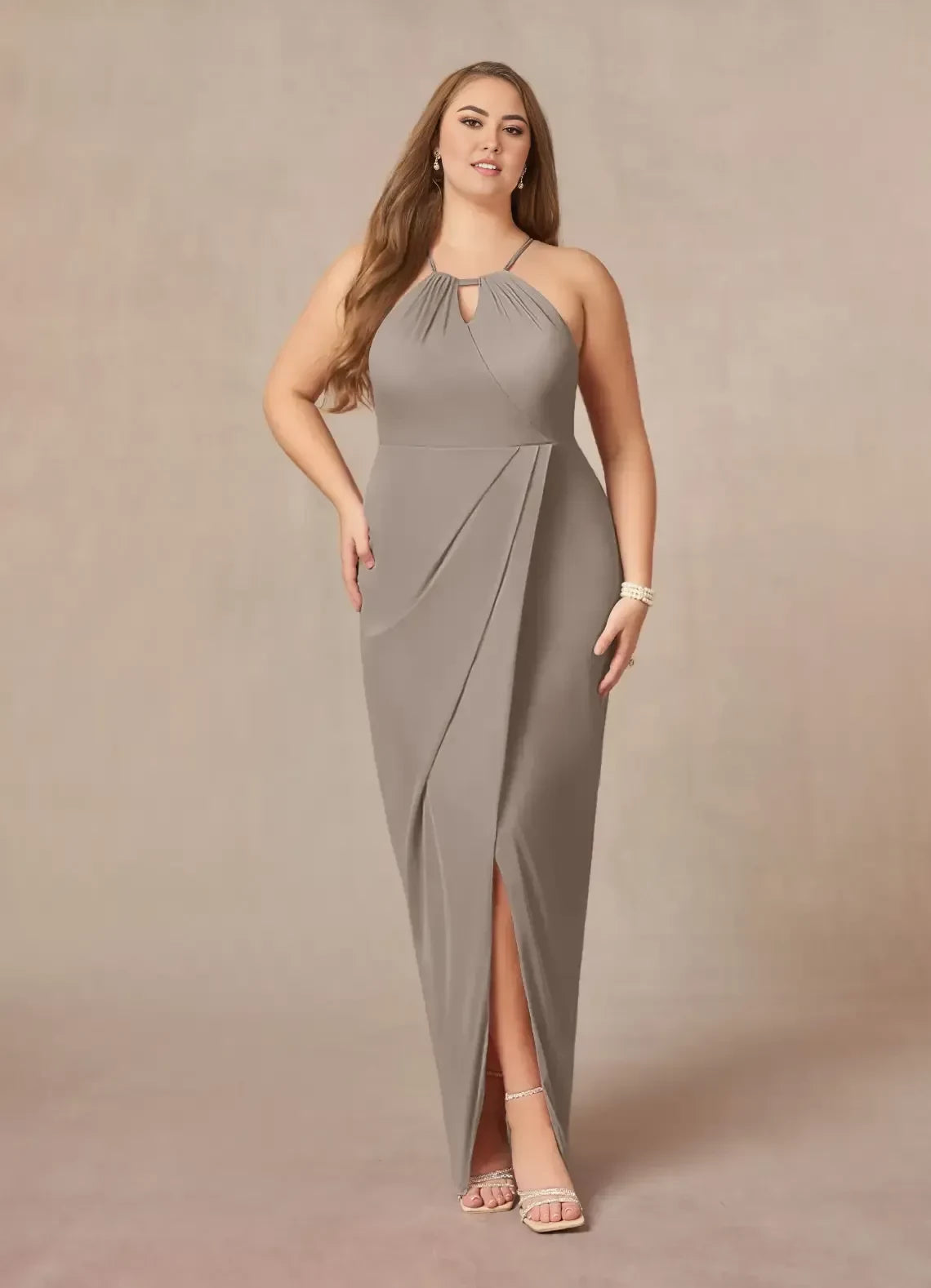 Stylish Sheath Halter Neck Sleeveless Tie Back Plus Size Floor Length Mother of the Bride Dress