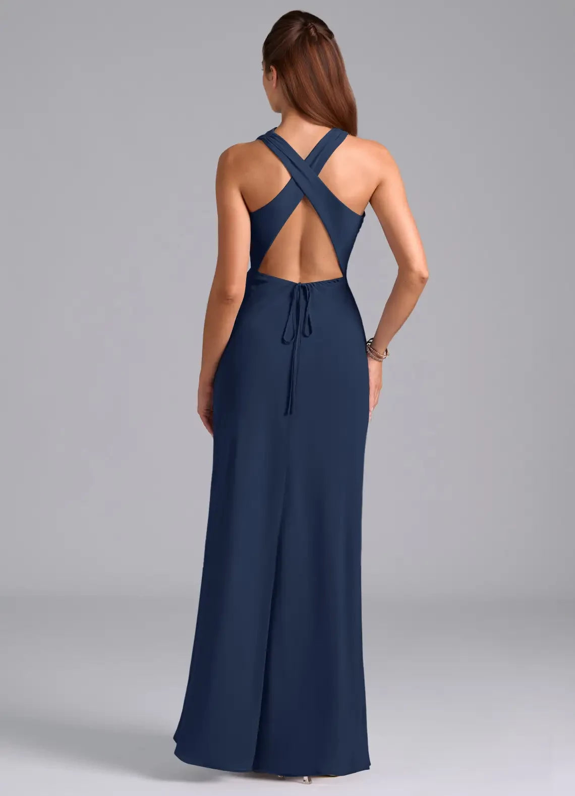 Stylish Sheath High Neck Sleeveless Criss Cross Back Floor Length Bridesmaid Dress